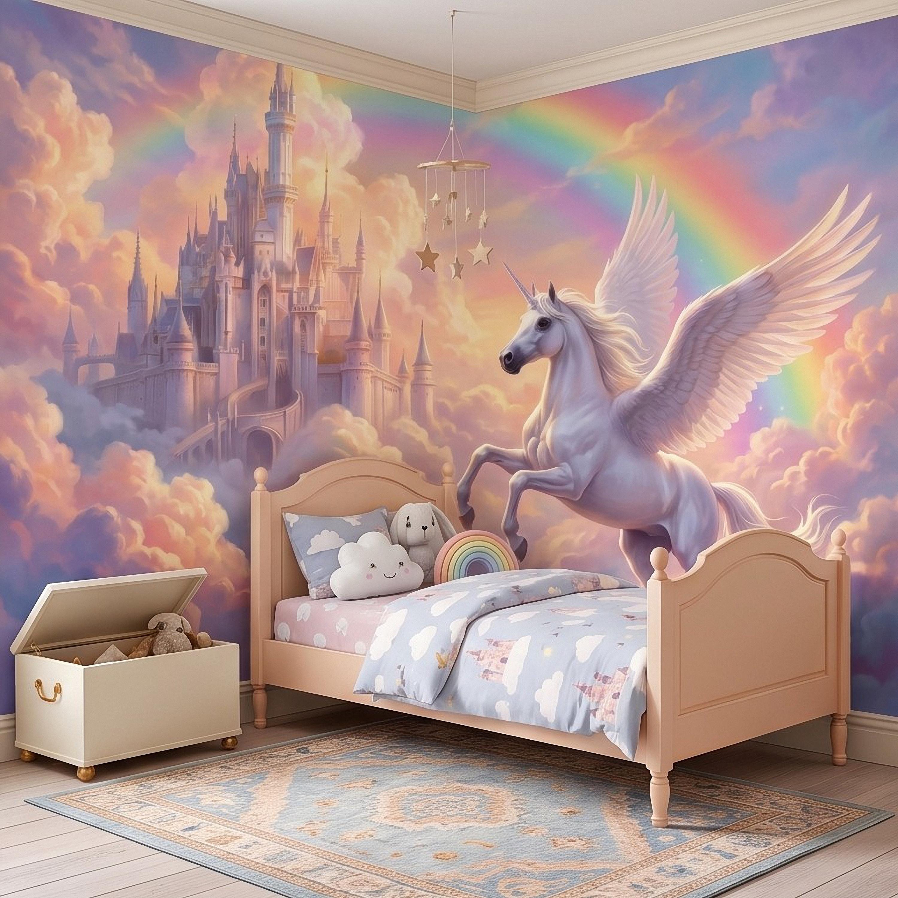 Winged Unicorn Peel and Stick Wall Mural, Rainbow Castle Clouds Pastel Fairytale Magical Fantasy Kids Wallpaper
