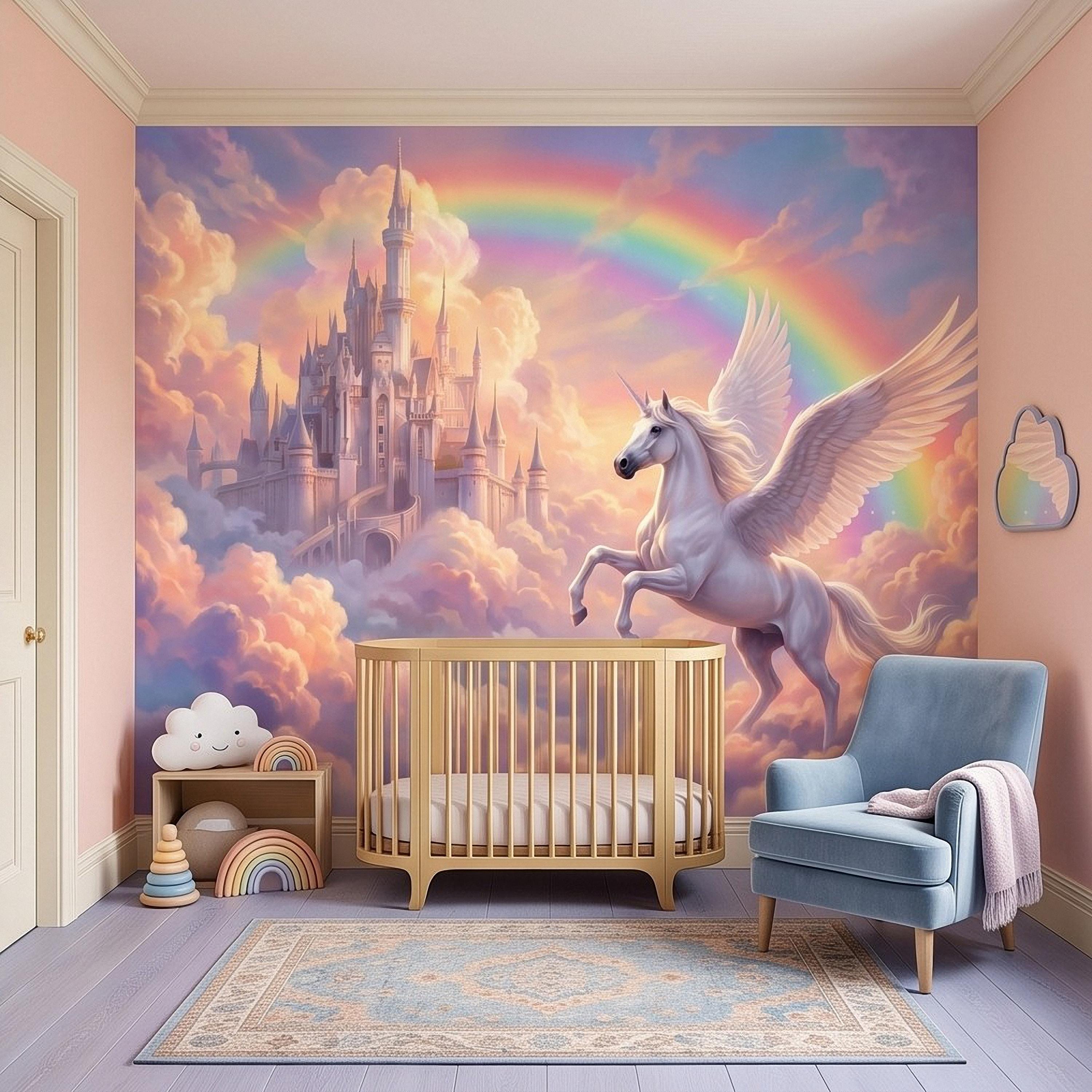 Winged Unicorn Peel and Stick Wall Mural, Rainbow Castle Clouds Pastel Fairytale Magical Fantasy Kids Wallpaper