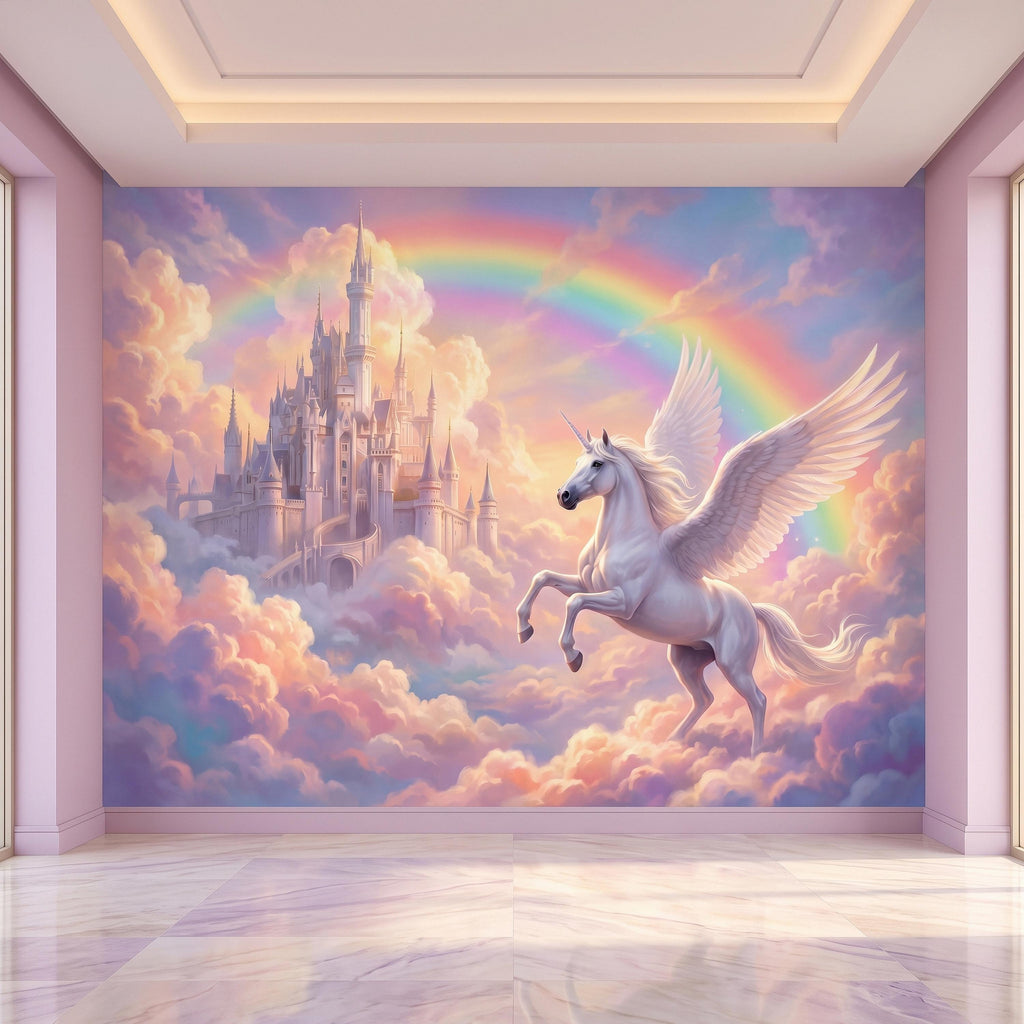Winged Unicorn Peel and Stick Wall Mural, Rainbow Castle Clouds Pastel Fairytale Magical Fantasy Kids Wallpaper