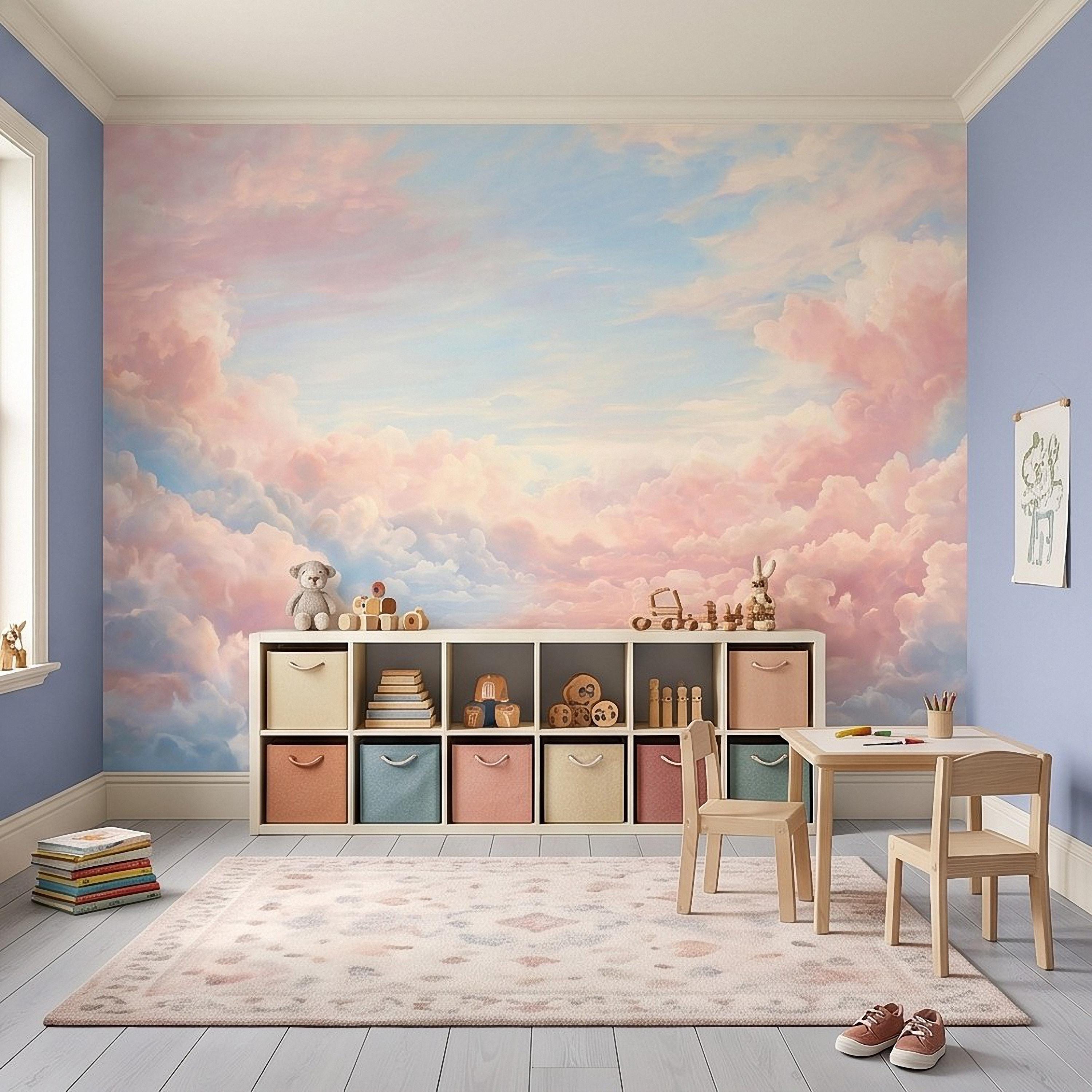 Pastel Cloud Peel and Stick Wall Mural, Dreamy Pink Blue Sky Soft Celestial Clouds Ethereal Watercolor Wallpaper