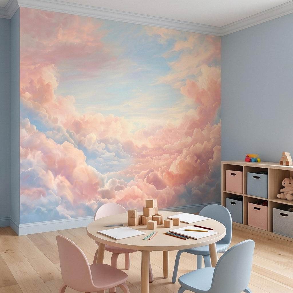 Pastel Cloud Peel and Stick Wall Mural, Dreamy Pink Blue Sky Soft Celestial Clouds Ethereal Watercolor Wallpaper