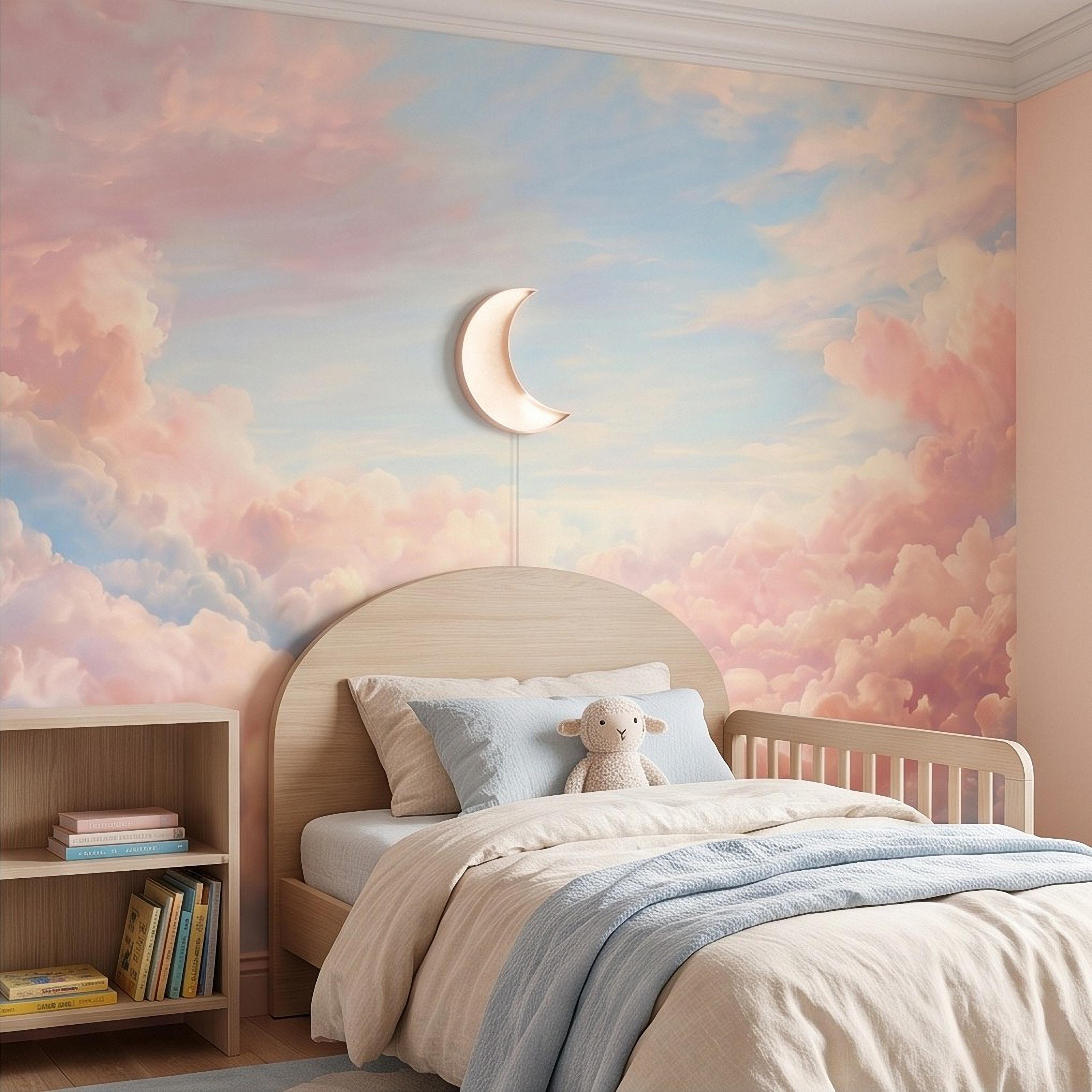 Pastel Cloud Peel and Stick Wall Mural, Dreamy Pink Blue Sky Soft Celestial Clouds Ethereal Watercolor Wallpaper