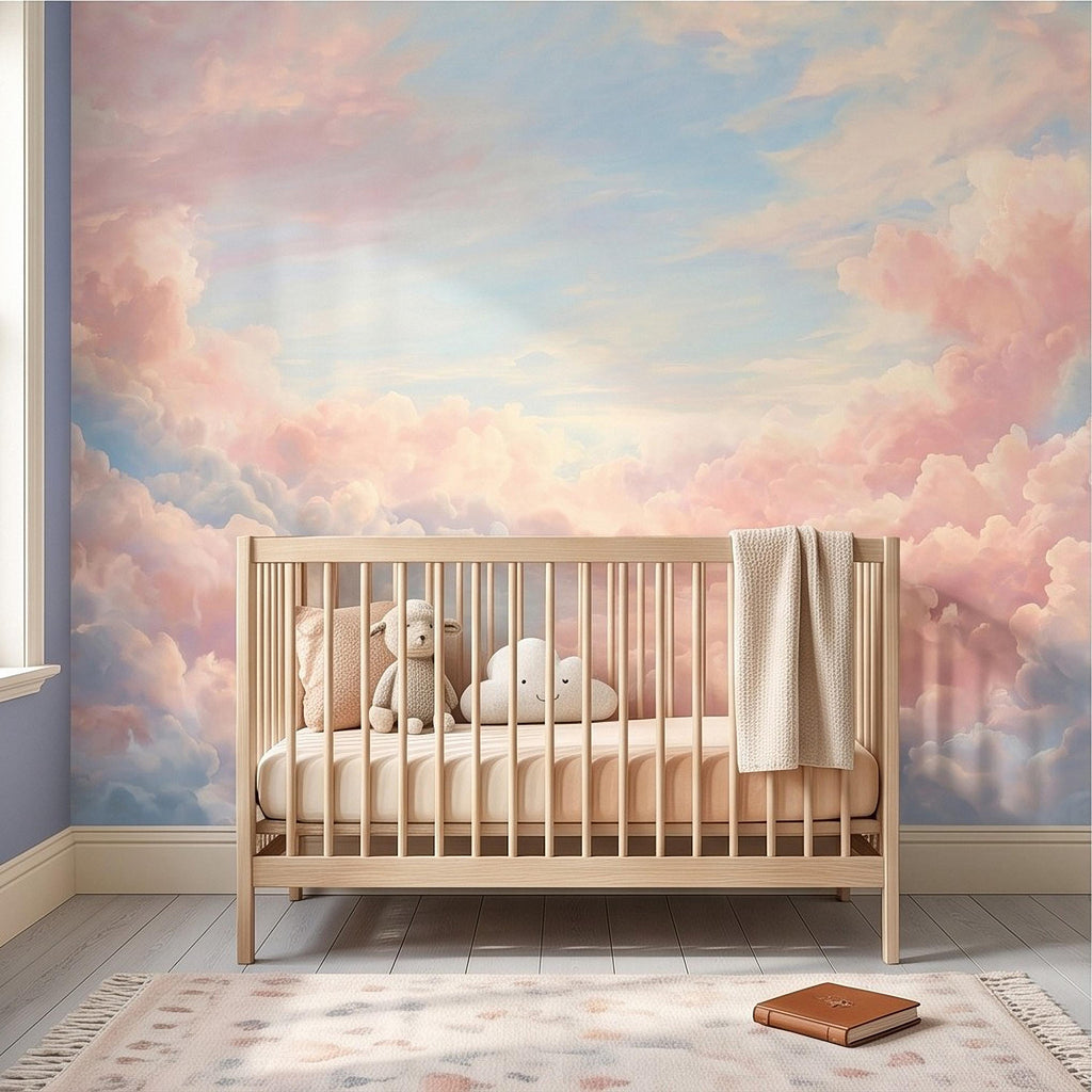 Pastel Cloud Peel and Stick Wall Mural, Dreamy Pink Blue Sky Soft Celestial Clouds Ethereal Watercolor Wallpaper