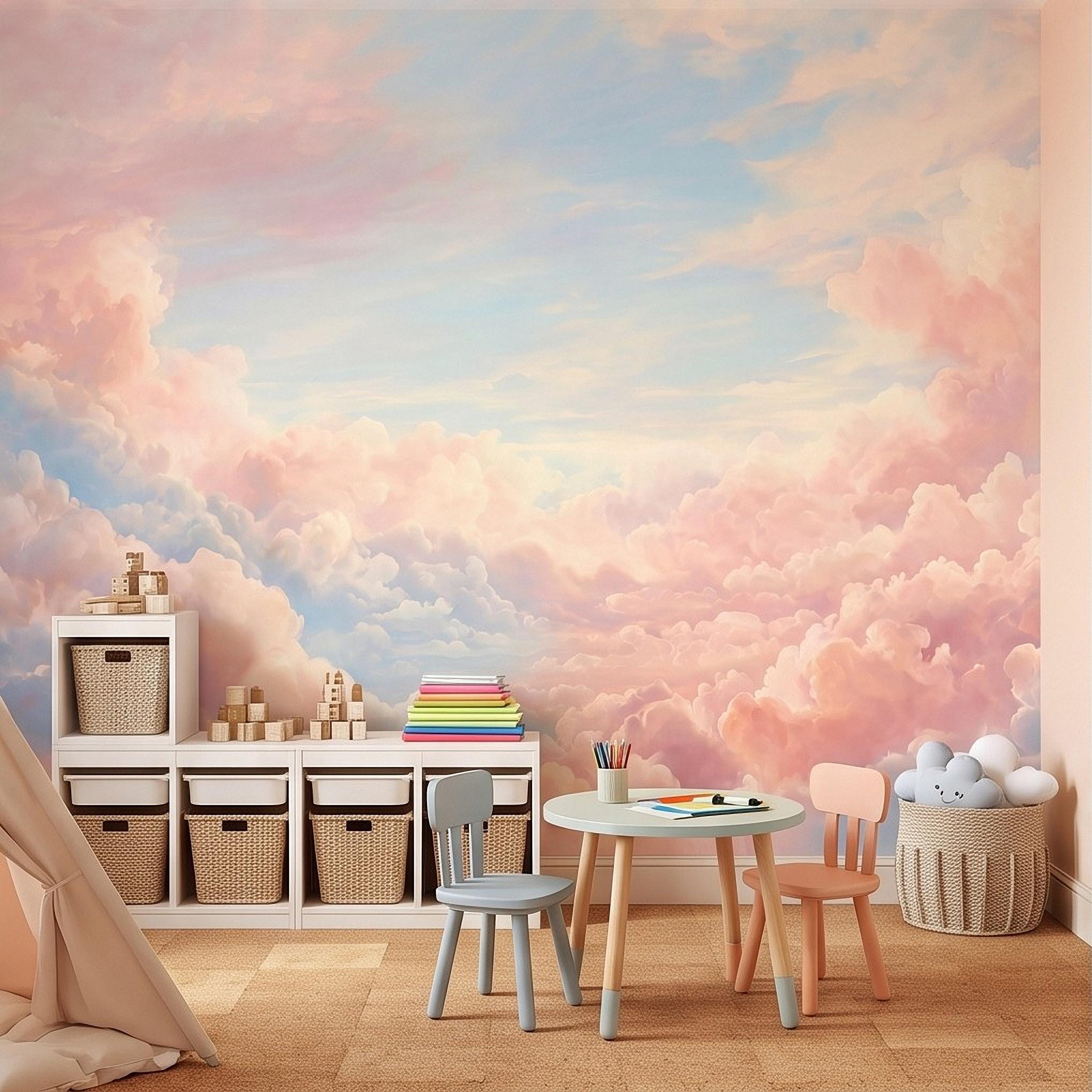 Pastel Cloud Peel and Stick Wall Mural, Dreamy Pink Blue Sky Soft Celestial Clouds Ethereal Watercolor Wallpaper