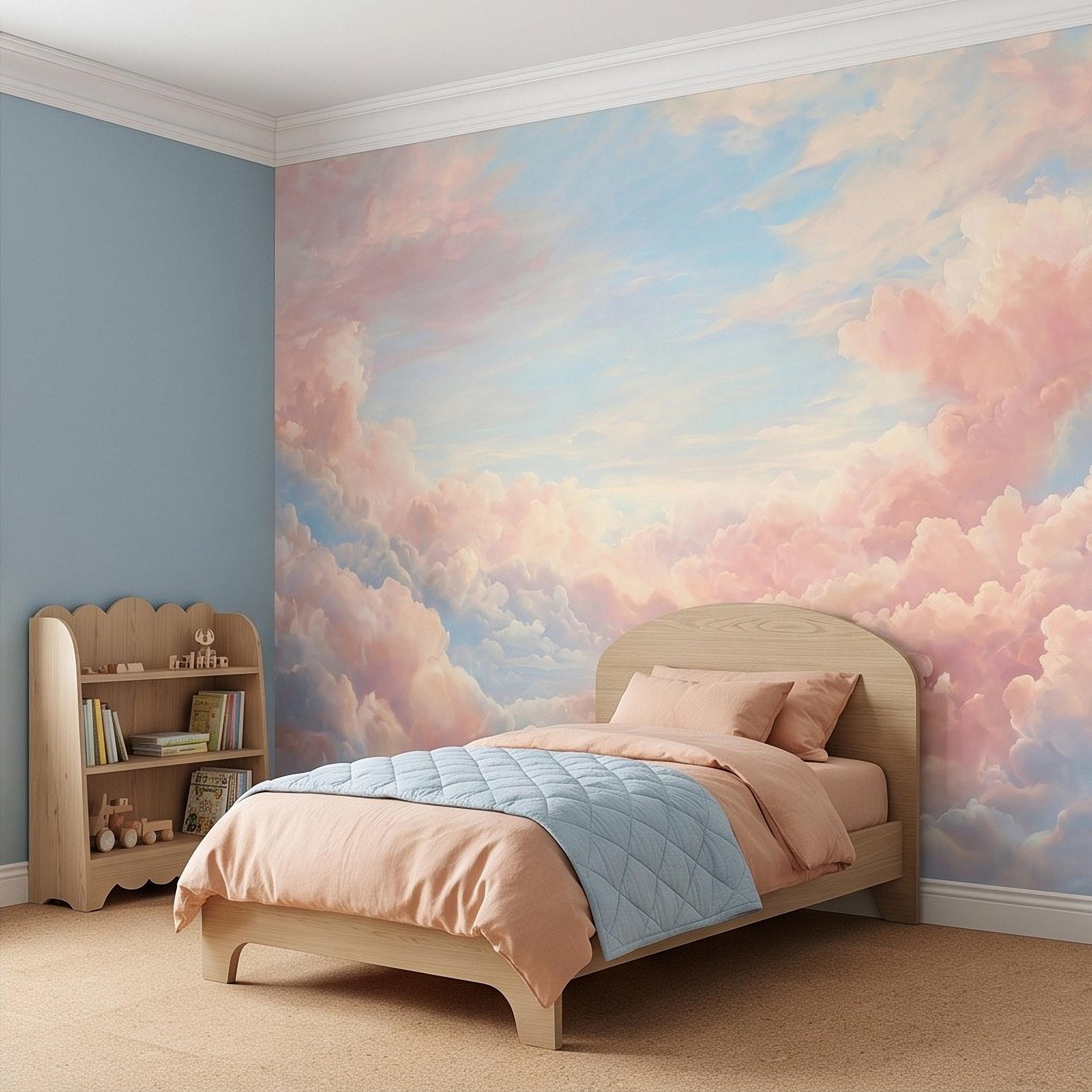 Pastel Cloud Peel and Stick Wall Mural, Dreamy Pink Blue Sky Soft Celestial Clouds Ethereal Watercolor Wallpaper