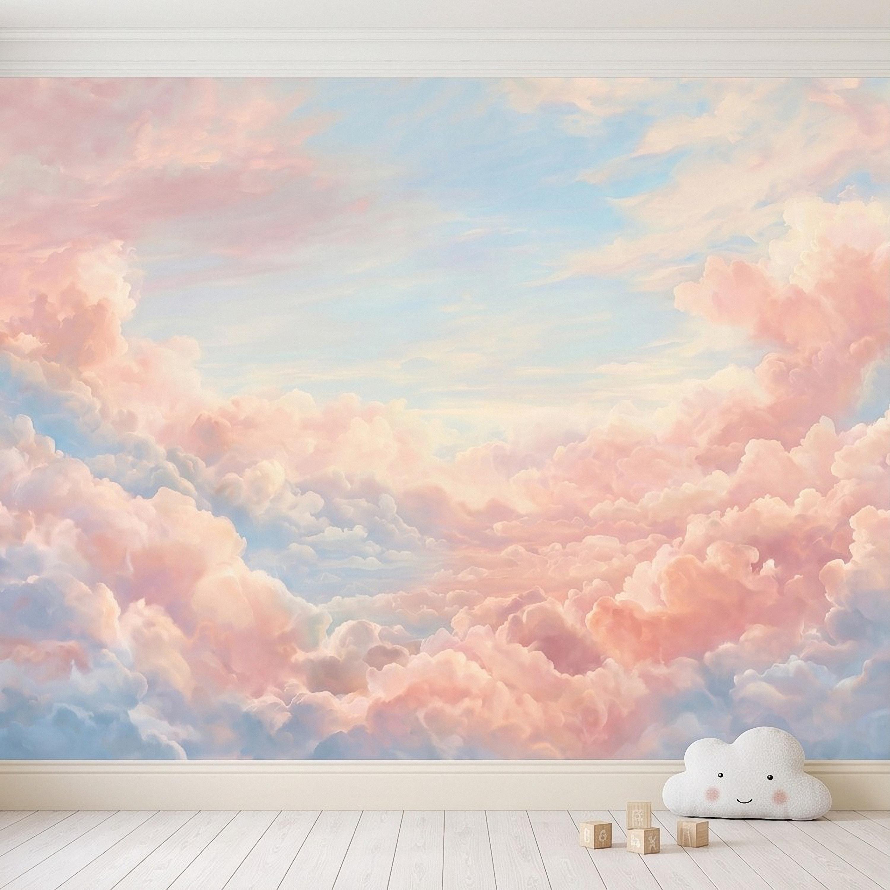 Pastel Cloud Peel and Stick Wall Mural, Dreamy Pink Blue Sky Soft Celestial Clouds Ethereal Watercolor Wallpaper
