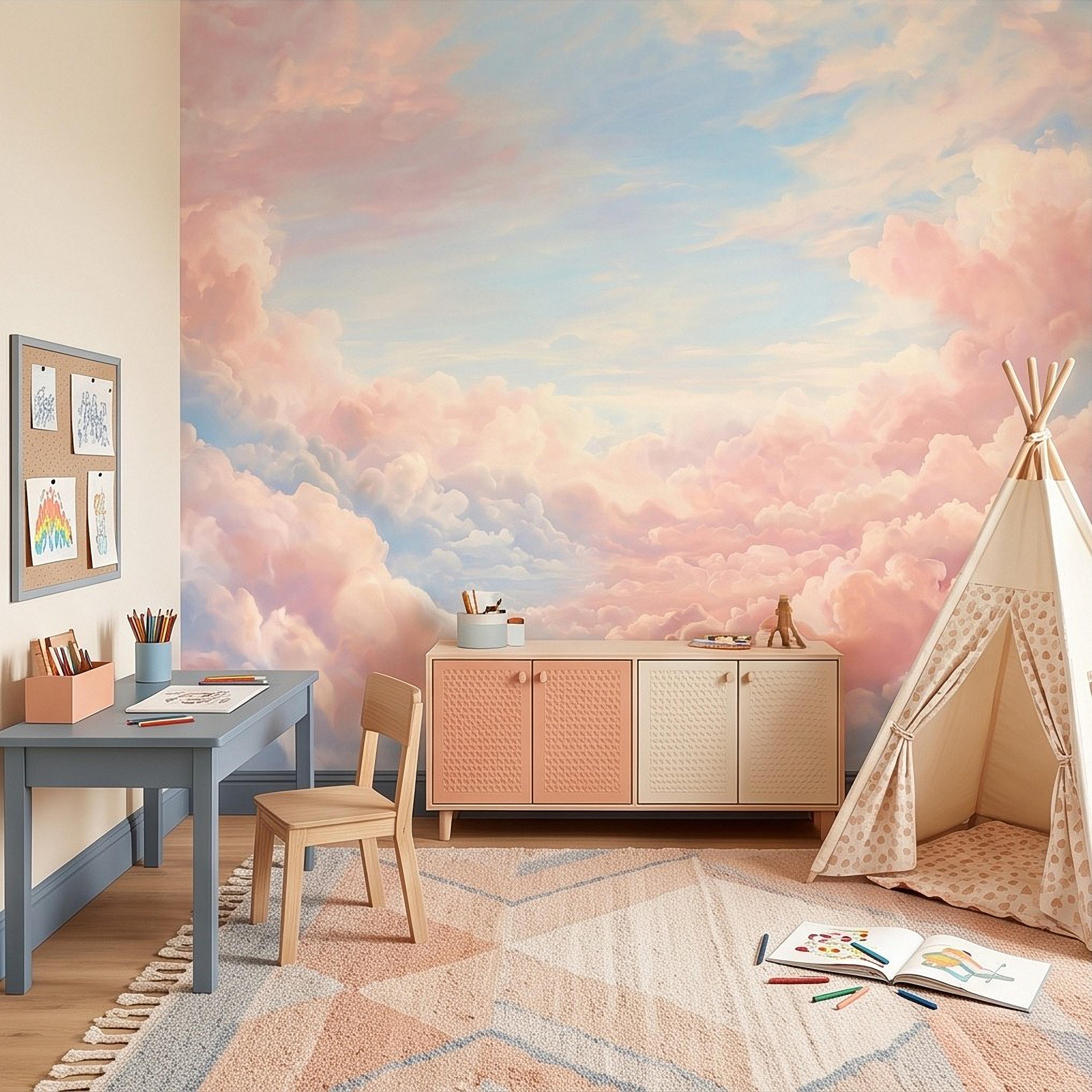 Pastel Cloud Peel and Stick Wall Mural, Dreamy Pink Blue Sky Soft Celestial Clouds Ethereal Watercolor Wallpaper