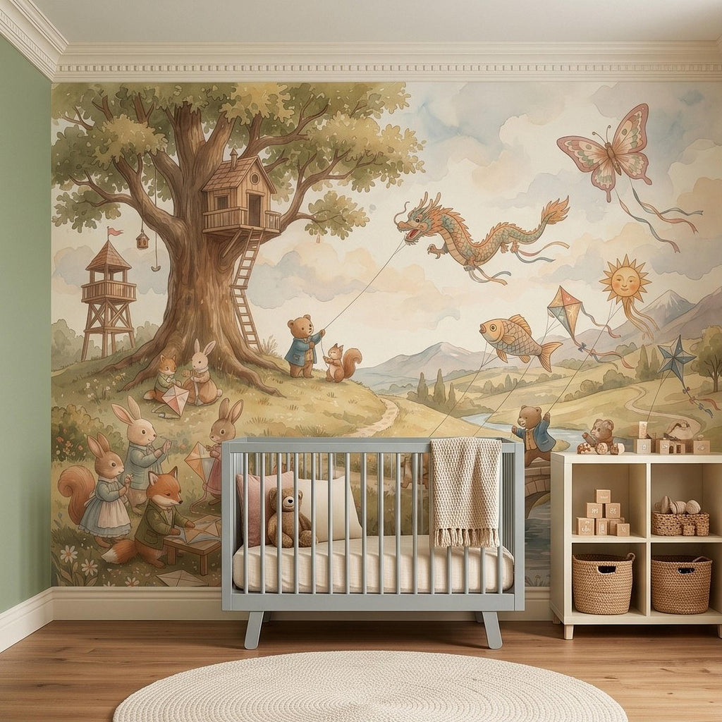 Whimsical Woodland Animals Peel and Stick Wall Mural, Treehouse Kites Bunny Fox Bear Friends Storybook Watercolor Wallpaper
