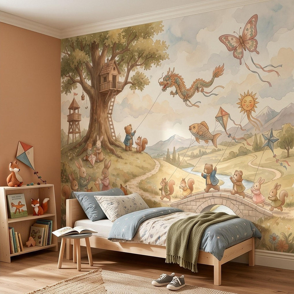 Whimsical Woodland Animals Peel and Stick Wall Mural, Treehouse Kites Bunny Fox Bear Friends Storybook Watercolor Wallpaper
