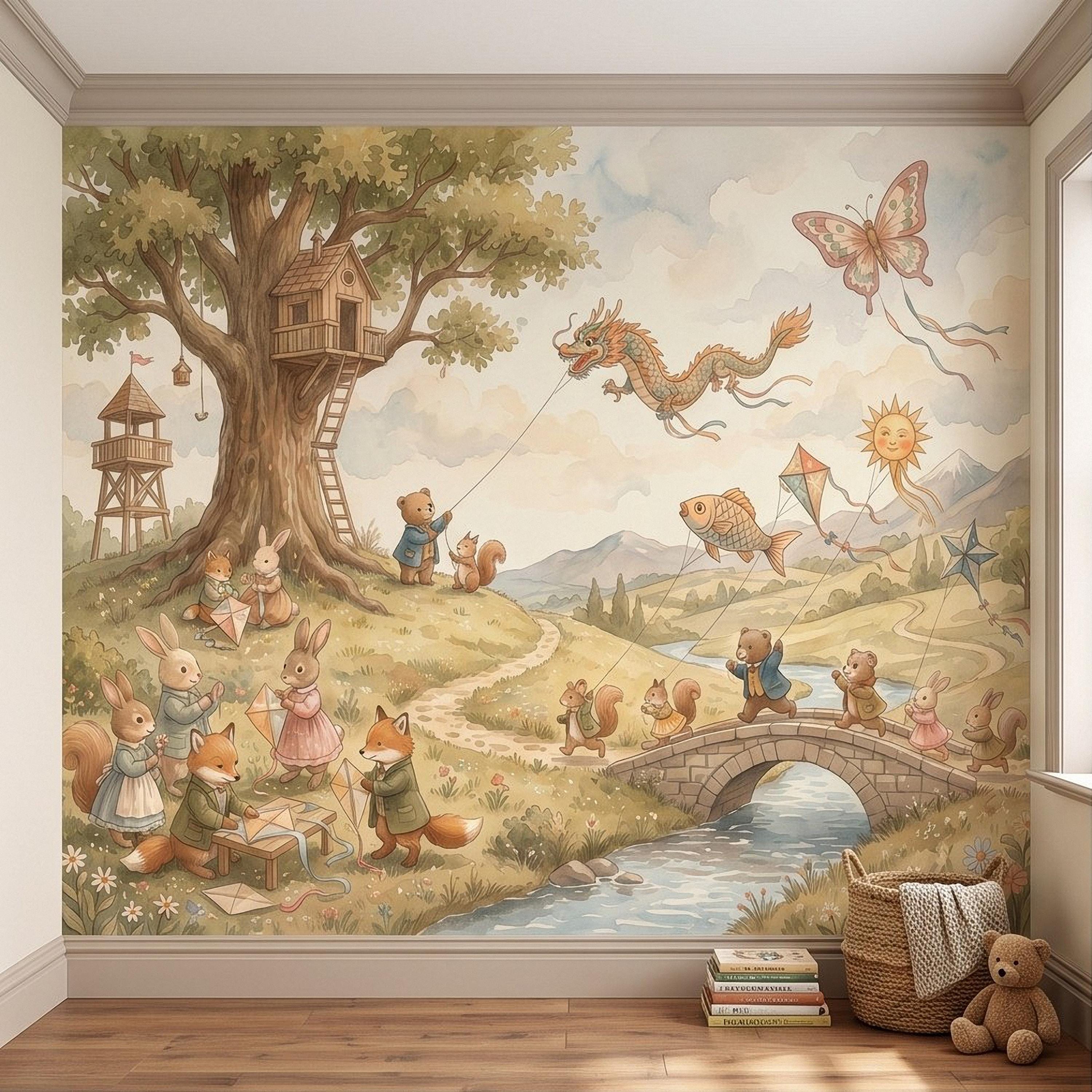 Whimsical Woodland Animals Peel and Stick Wall Mural, Treehouse Kites Bunny Fox Bear Friends Storybook Watercolor Wallpaper