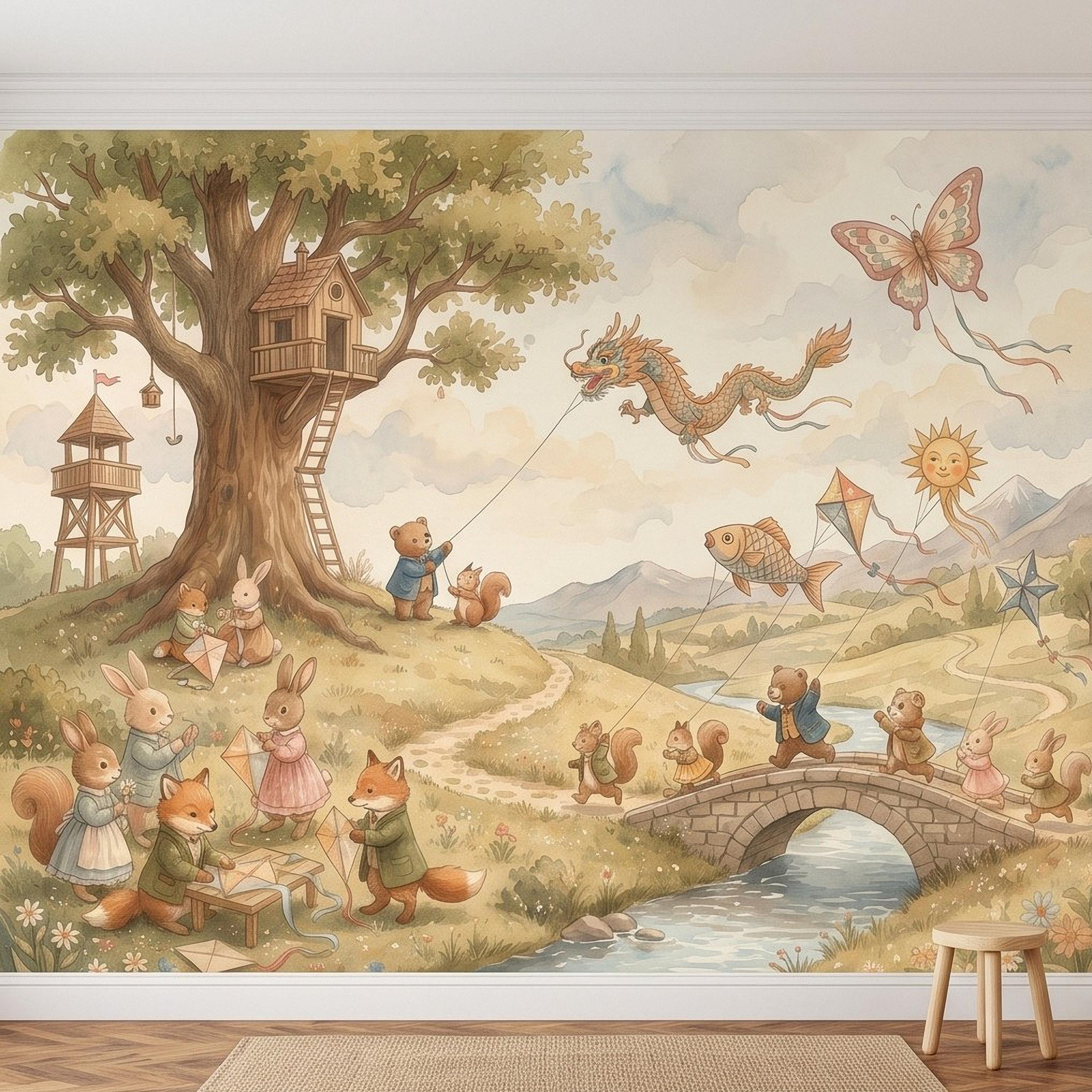 Whimsical Woodland Animals Peel and Stick Wall Mural, Treehouse Kites Bunny Fox Bear Friends Storybook Watercolor Wallpaper