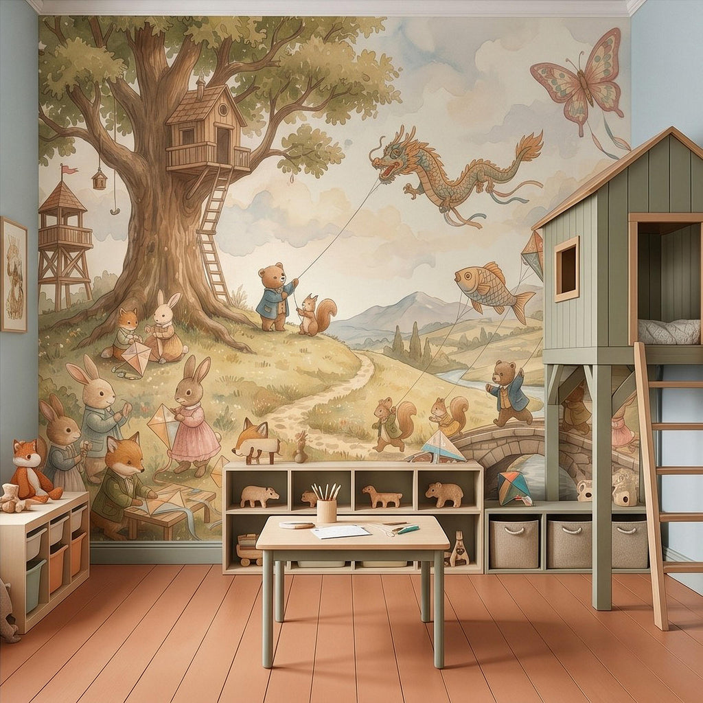 Whimsical Woodland Animals Peel and Stick Wall Mural, Treehouse Kites Bunny Fox Bear Friends Storybook Watercolor Wallpaper