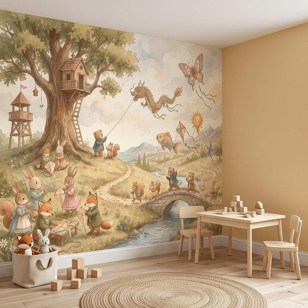 Whimsical Woodland Animals Peel and Stick Wall Mural, Treehouse Kites Bunny Fox Bear Friends Storybook Watercolor Wallpaper