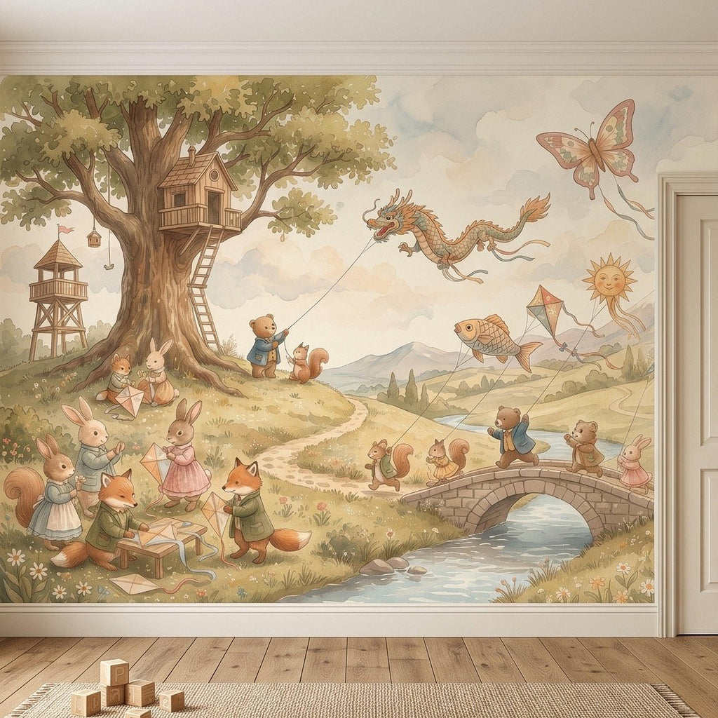Whimsical Woodland Animals Peel and Stick Wall Mural, Treehouse Kites Bunny Fox Bear Friends Storybook Watercolor Wallpaper