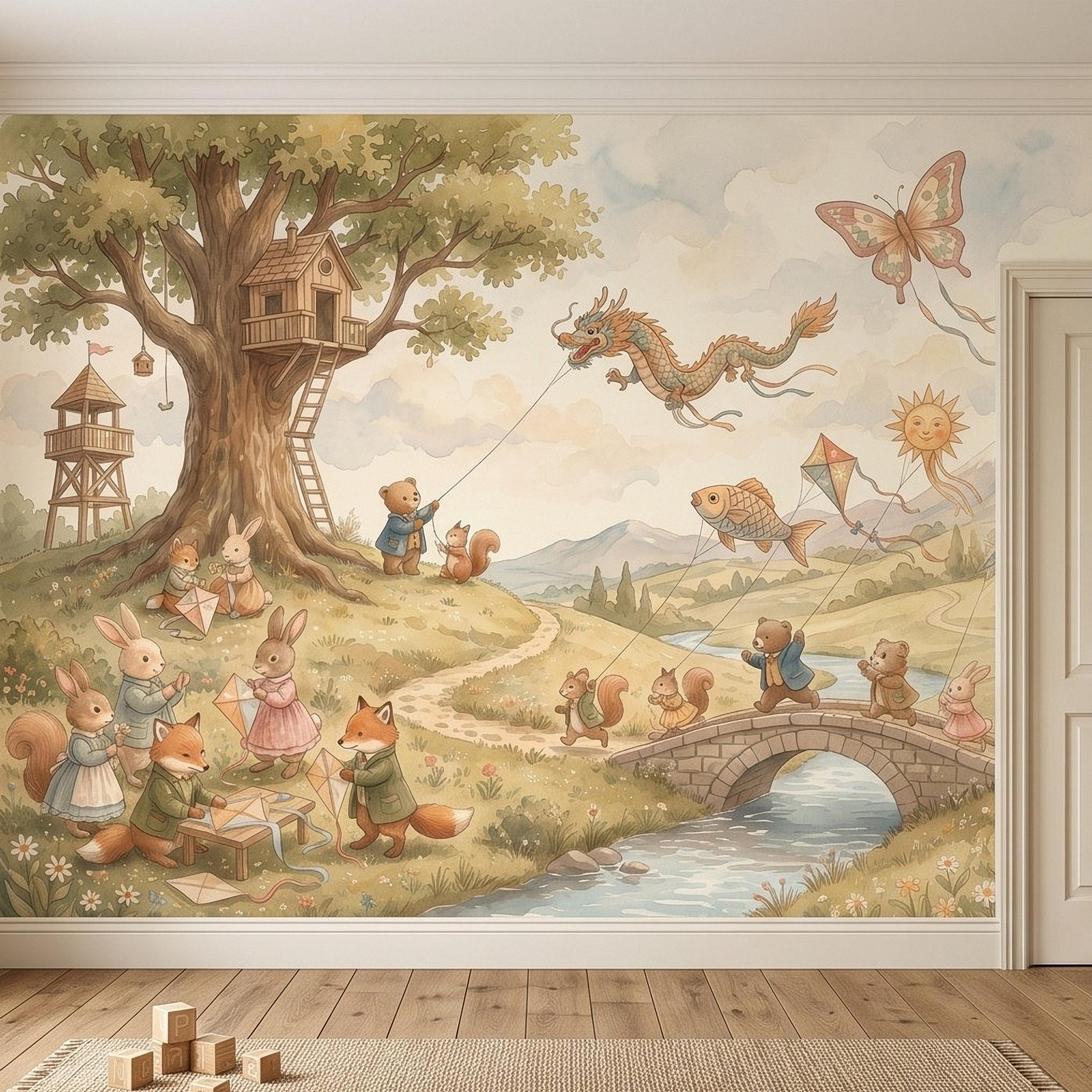 Whimsical Woodland Animals Peel and Stick Wall Mural, Treehouse Kites Bunny Fox Bear Friends Storybook Watercolor Wallpaper