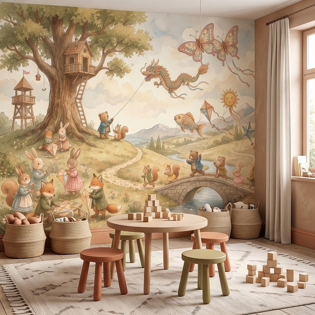 Whimsical Woodland Animals Peel and Stick Wall Mural, Treehouse Kites Bunny Fox Bear Friends Storybook Watercolor Wallpaper