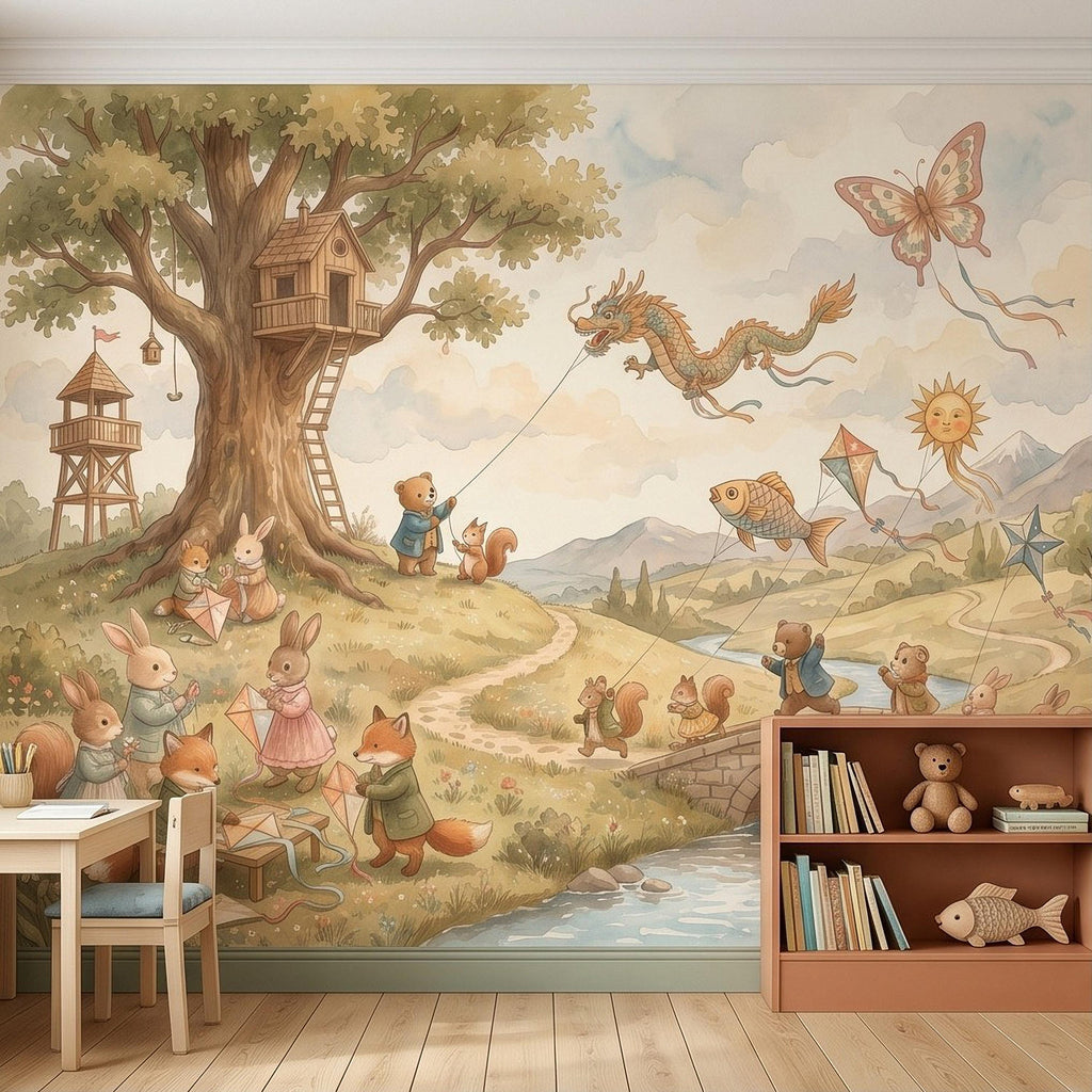 Whimsical Woodland Animals Peel and Stick Wall Mural, Treehouse Kites Bunny Fox Bear Friends Storybook Watercolor Wallpaper