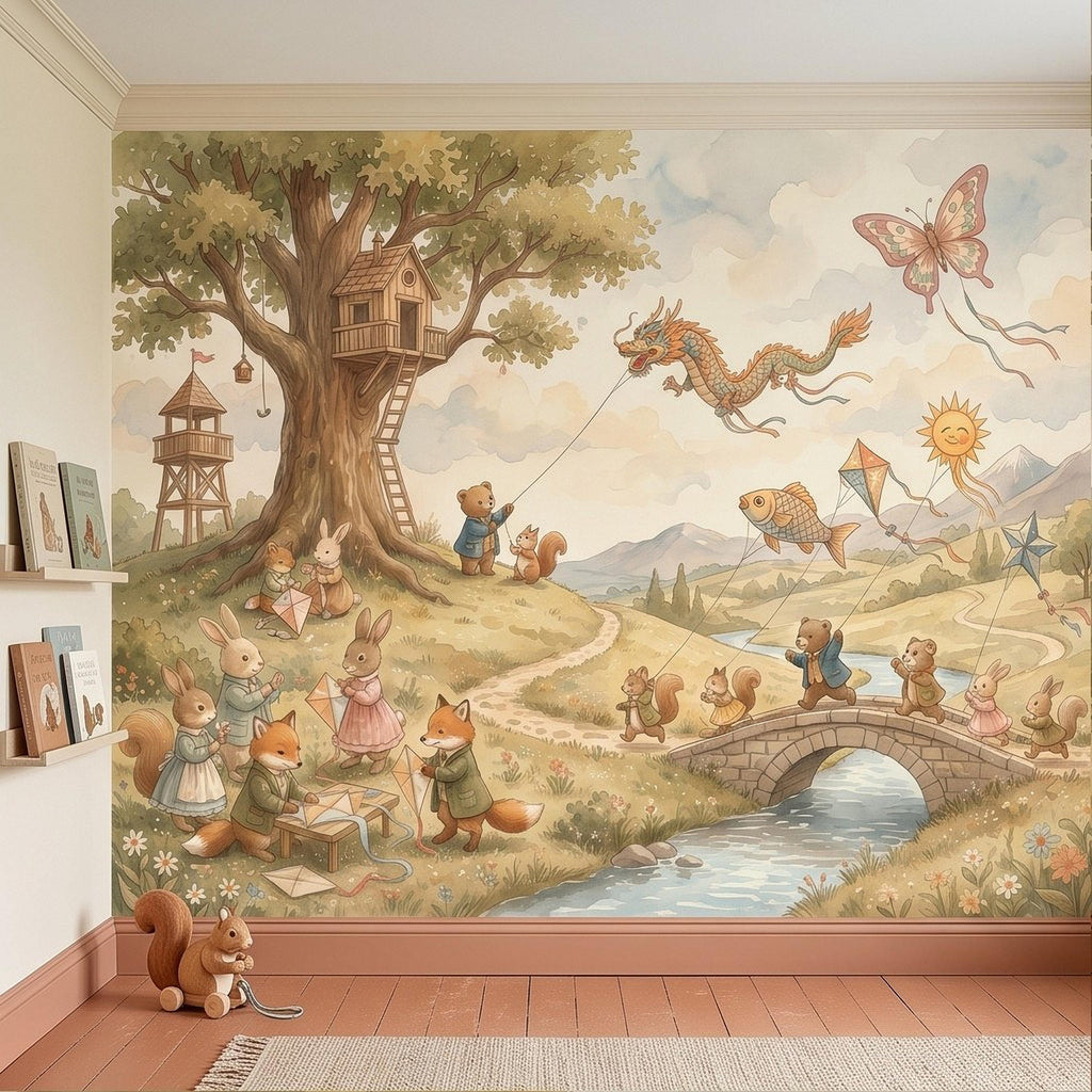 Whimsical Woodland Animals Peel and Stick Wall Mural, Treehouse Kites Bunny Fox Bear Friends Storybook Watercolor Wallpaper