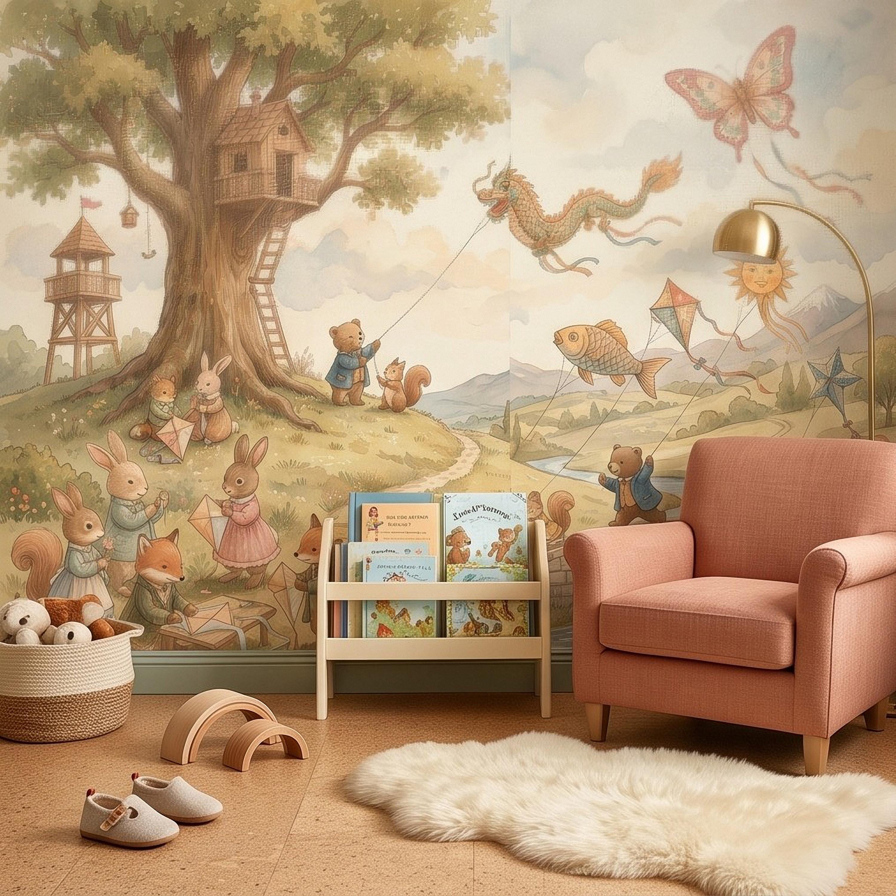 Whimsical Woodland Animals Peel and Stick Wall Mural, Treehouse Kites Bunny Fox Bear Friends Storybook Watercolor Wallpaper