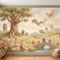 Whimsical Woodland Animals Peel and Stick Wall Mural, Treehouse Kites Bunny Fox Bear Friends Storybook Watercolor Wallpaper
