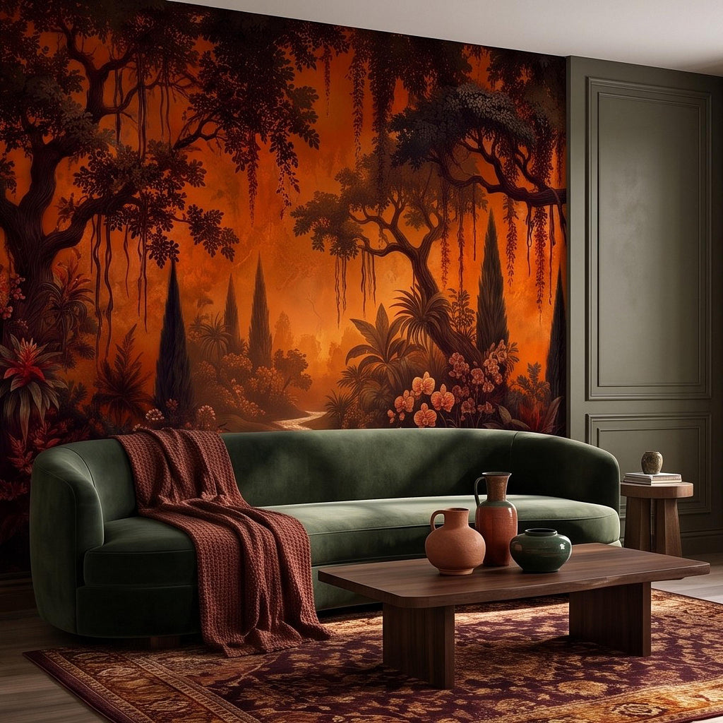 Dark Tropical Garden Peel and Stick Wall Mural, Burnt Orange Botanical Forest Exotic Orchids Moody Jungle Nature Wallpaper