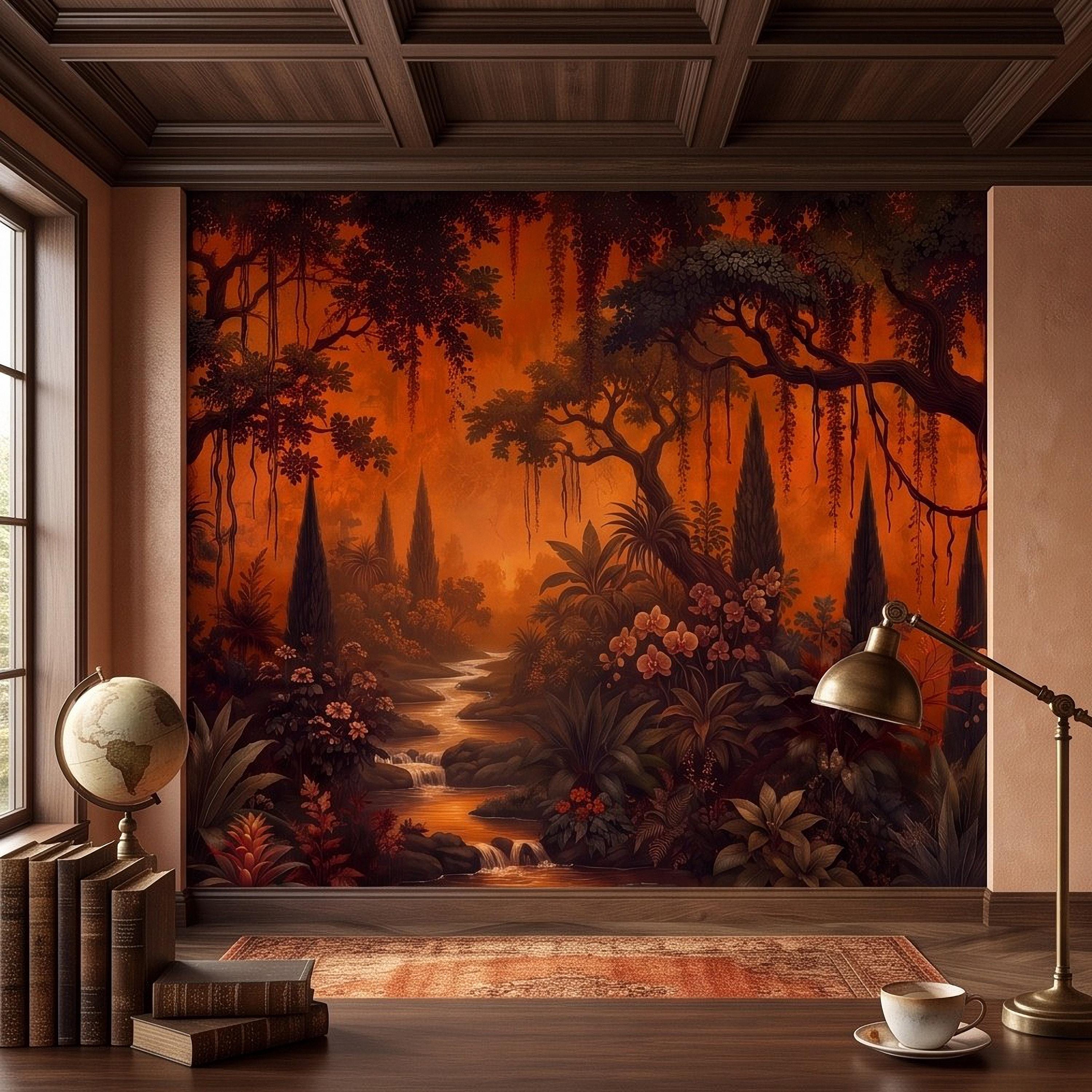 Dark Tropical Garden Peel and Stick Wall Mural, Burnt Orange Botanical Forest Exotic Orchids Moody Jungle Nature Wallpaper