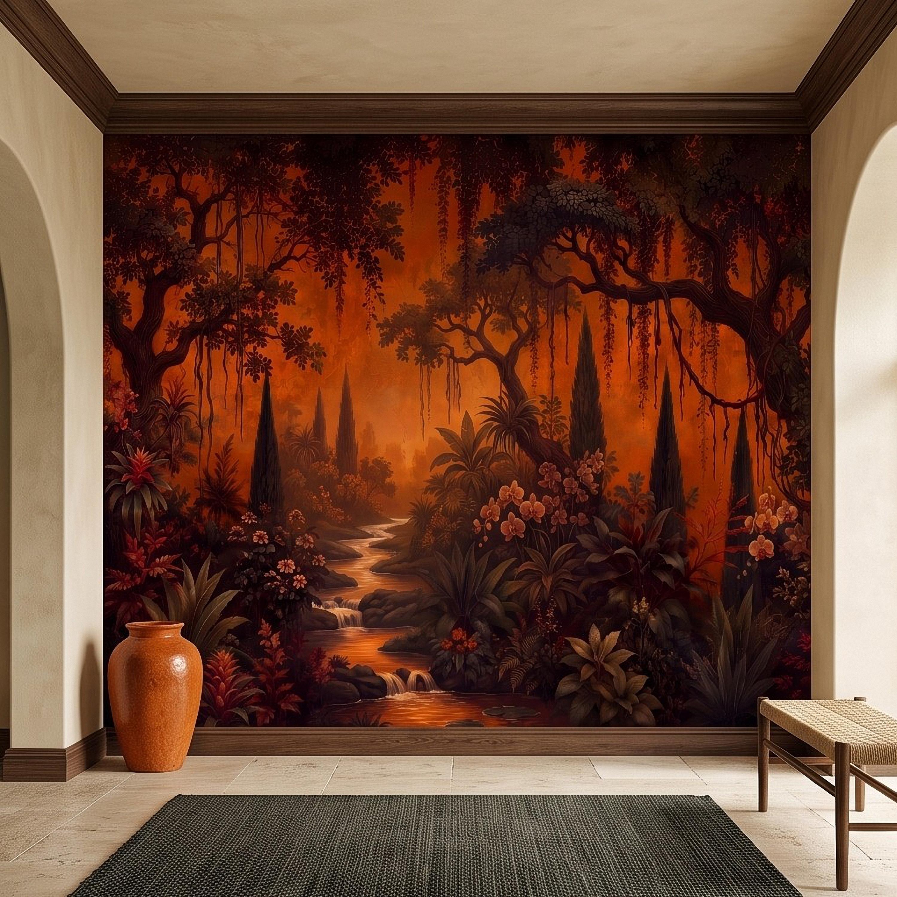 Dark Tropical Garden Peel and Stick Wall Mural, Burnt Orange Botanical Forest Exotic Orchids Moody Jungle Nature Wallpaper