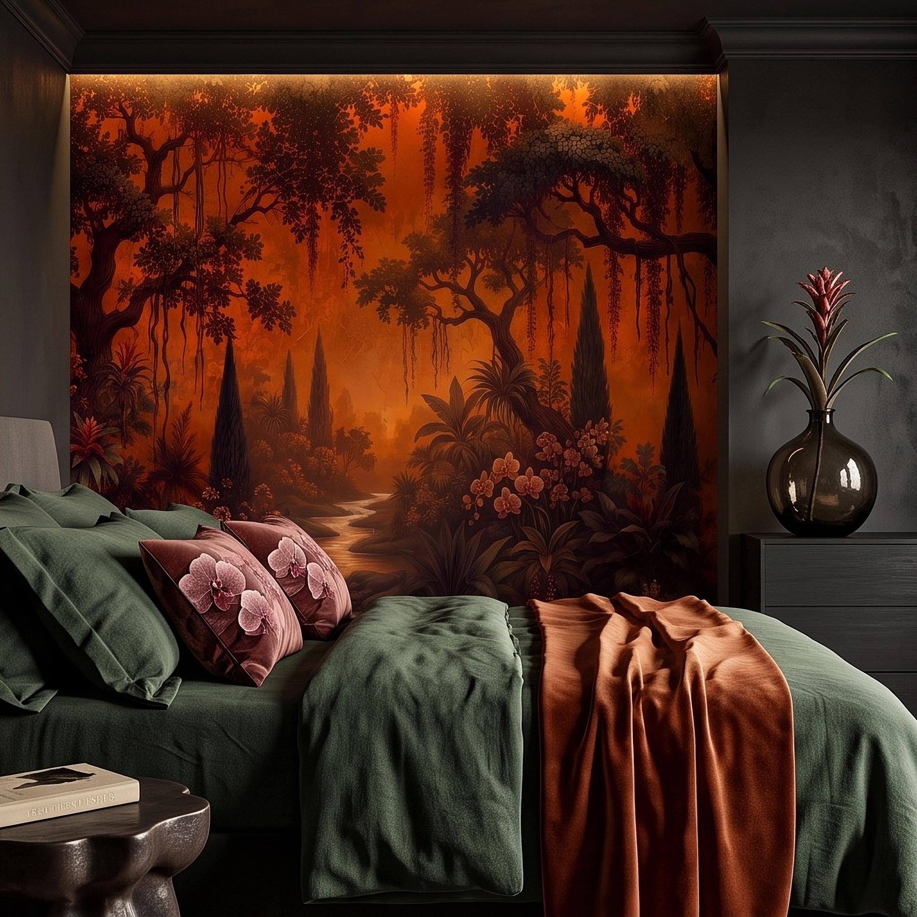 Dark Tropical Garden Peel and Stick Wall Mural, Burnt Orange Botanical Forest Exotic Orchids Moody Jungle Nature Wallpaper