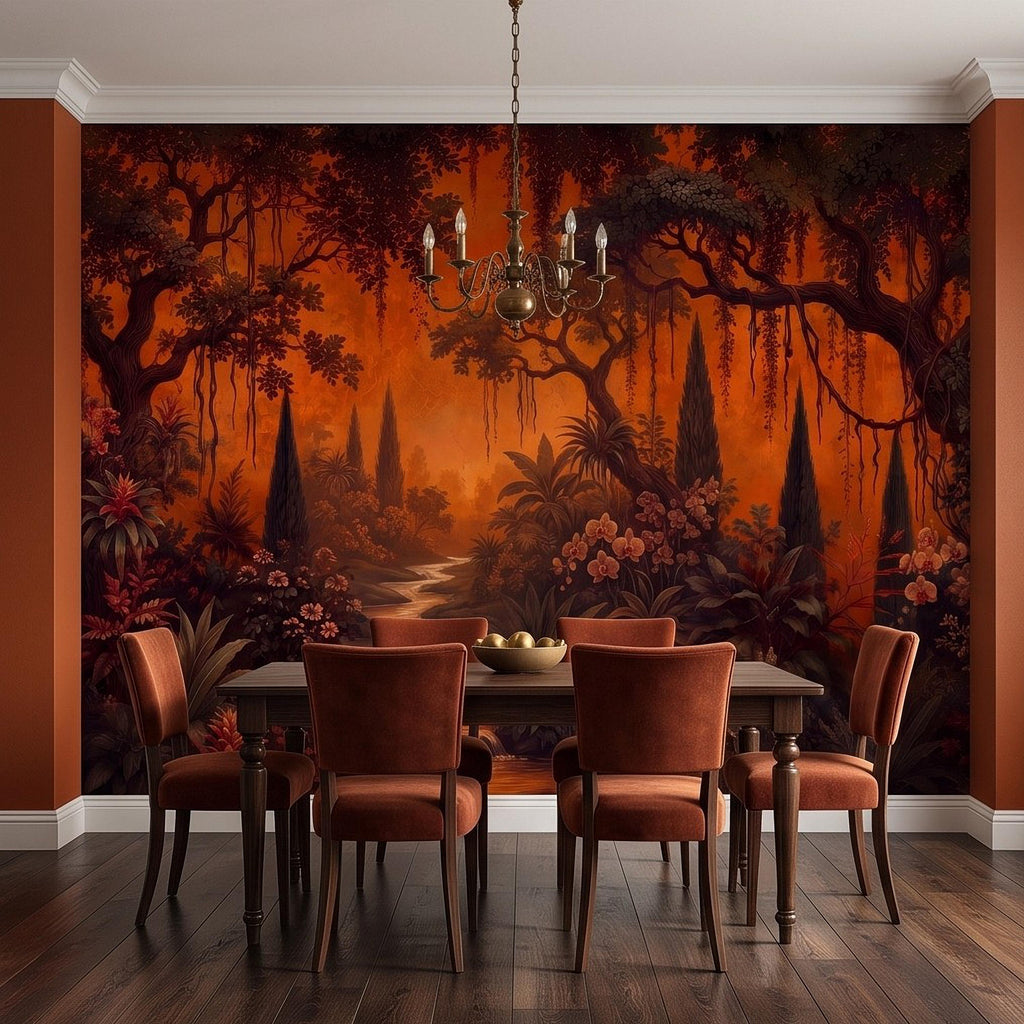 Dark Tropical Garden Peel and Stick Wall Mural, Burnt Orange Botanical Forest Exotic Orchids Moody Jungle Nature Wallpaper