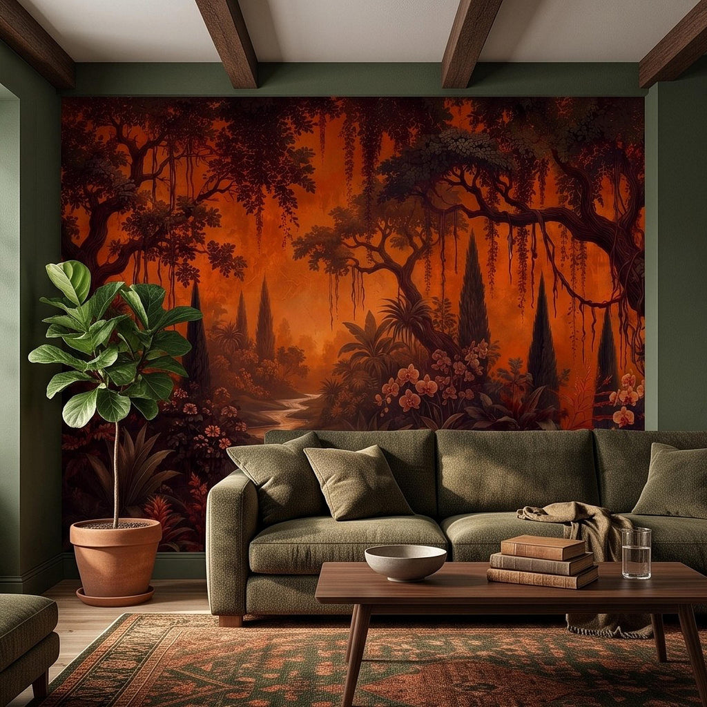 Dark Tropical Garden Peel and Stick Wall Mural, Burnt Orange Botanical Forest Exotic Orchids Moody Jungle Nature Wallpaper
