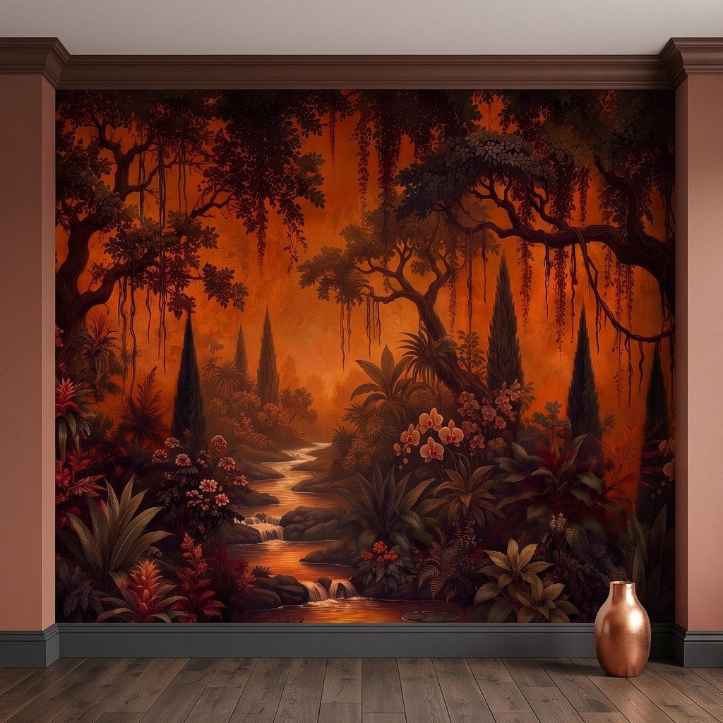 Dark Tropical Garden Peel and Stick Wall Mural, Burnt Orange Botanical Forest Exotic Orchids Moody Jungle Nature Wallpaper