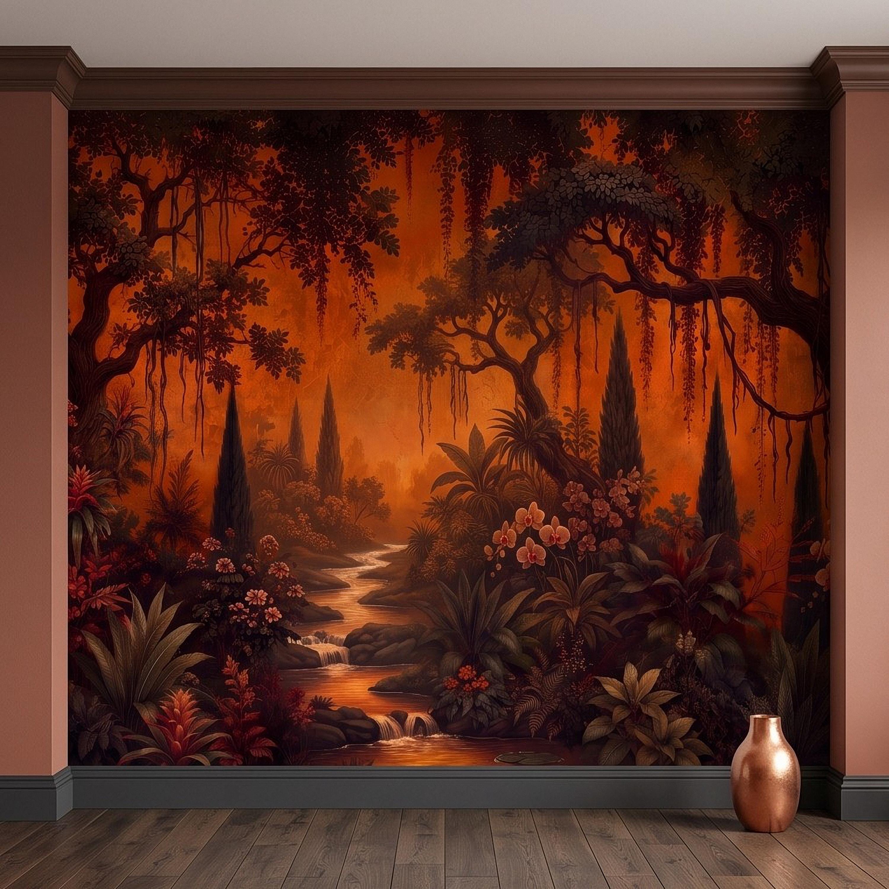 Dark Tropical Garden Peel and Stick Wall Mural, Burnt Orange Botanical Forest Exotic Orchids Moody Jungle Nature Wallpaper
