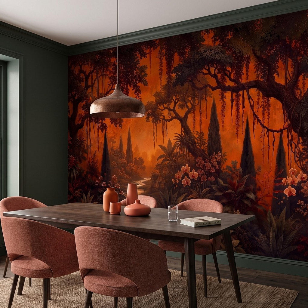 Dark Tropical Garden Peel and Stick Wall Mural, Burnt Orange Botanical Forest Exotic Orchids Moody Jungle Nature Wallpaper