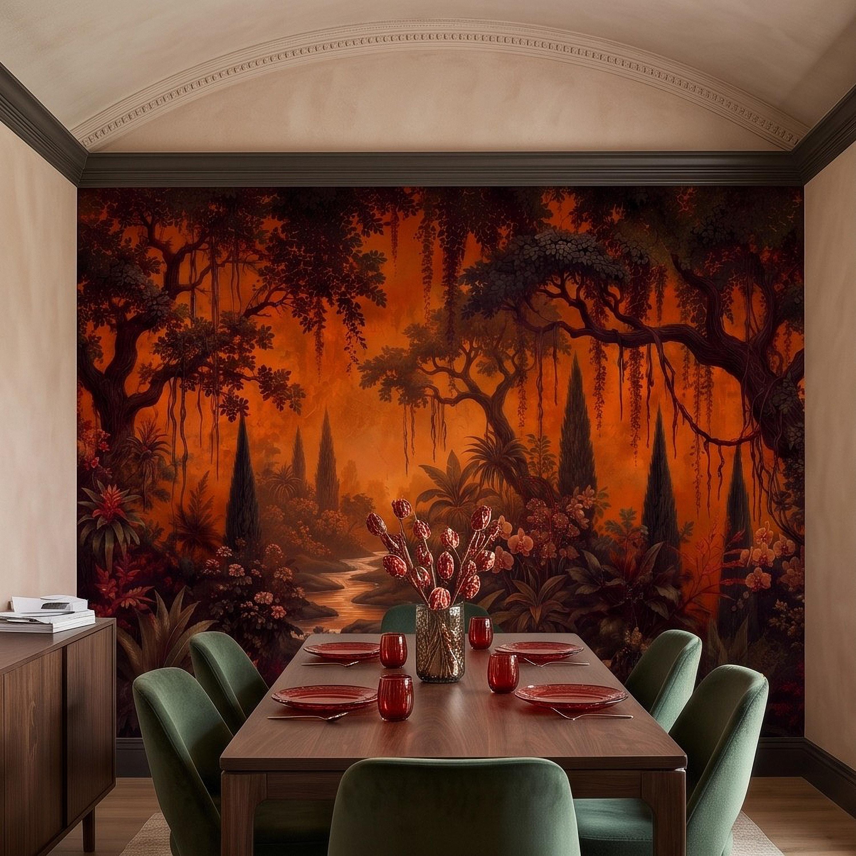 Dark Tropical Garden Peel and Stick Wall Mural, Burnt Orange Botanical Forest Exotic Orchids Moody Jungle Nature Wallpaper