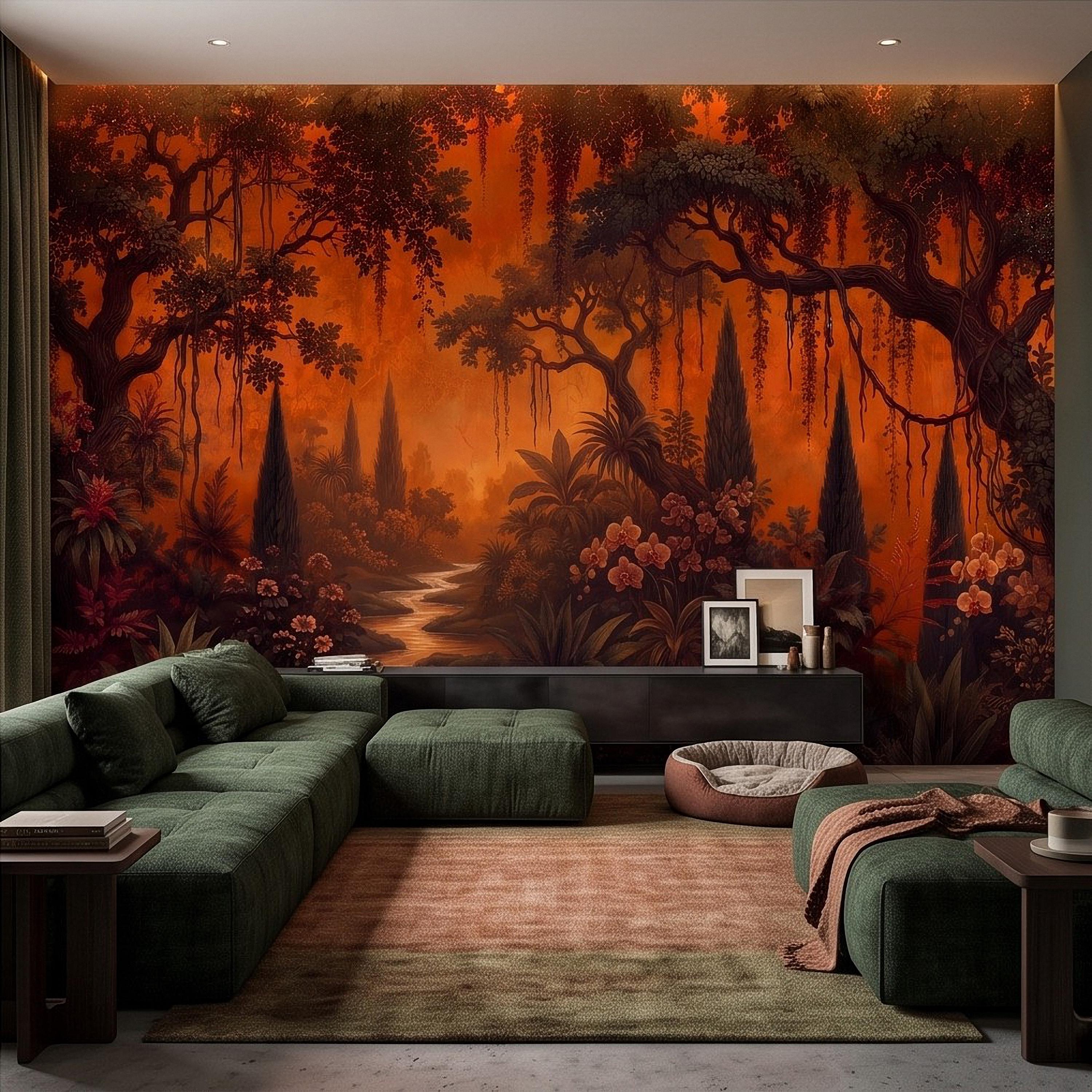 Dark Tropical Garden Peel and Stick Wall Mural, Burnt Orange Botanical Forest Exotic Orchids Moody Jungle Nature Wallpaper