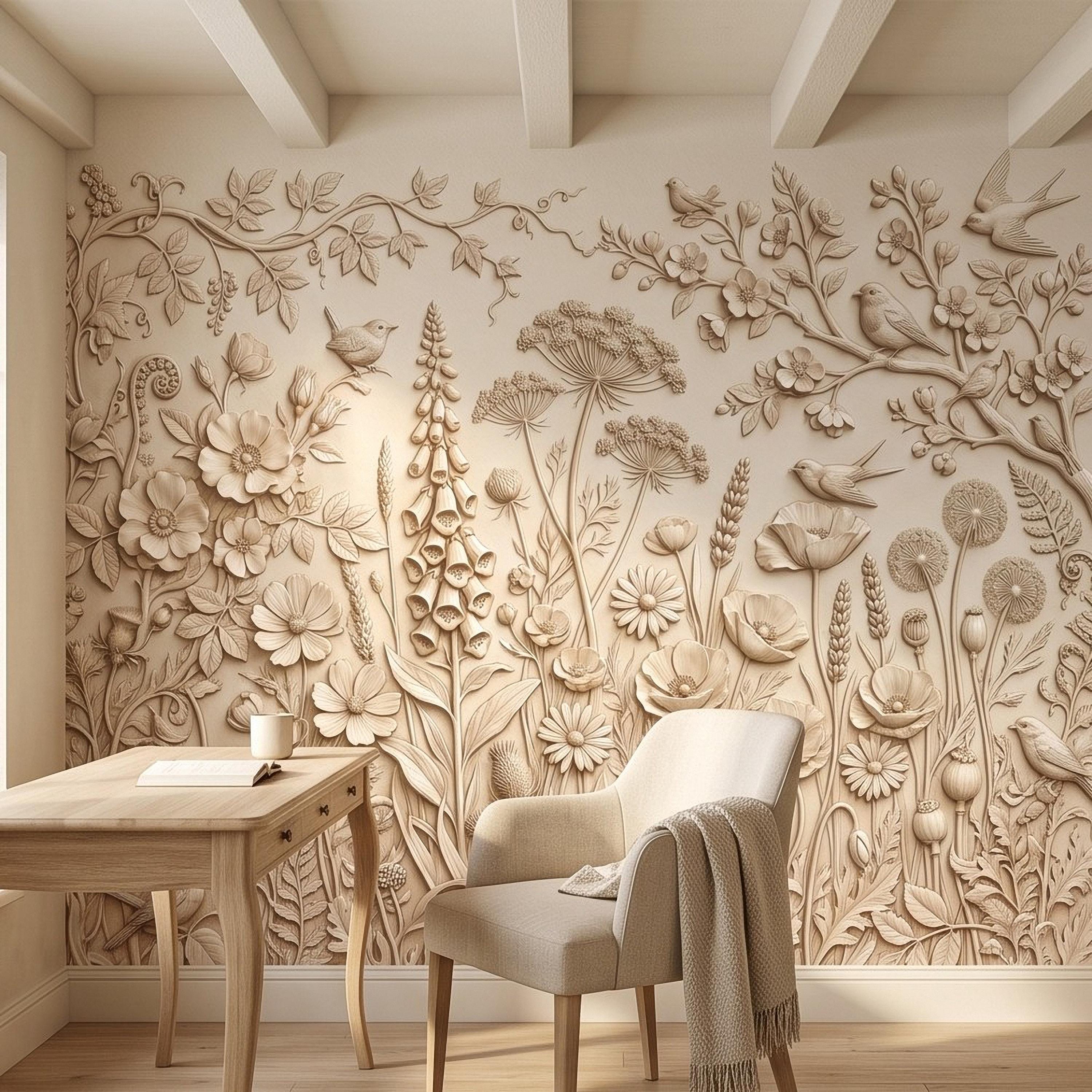 Wildflower Meadow Peel and Stick Wall Mural, Botanical Relief Birds Floral Garden Sculpted Plaster Look Warm Ivory Wallpaper