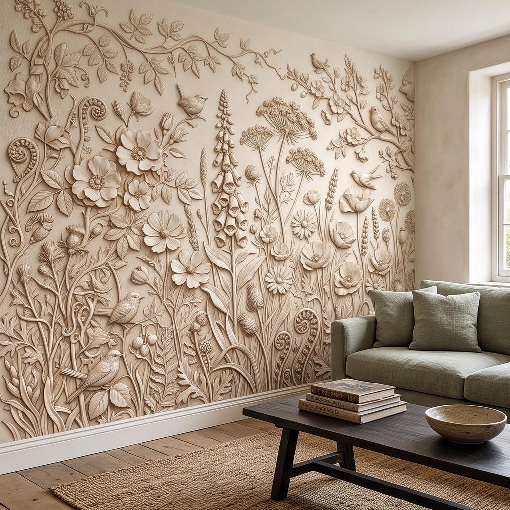 Wildflower Meadow Peel and Stick Wall Mural, Botanical Relief Birds Floral Garden Sculpted Plaster Look Warm Ivory Wallpaper