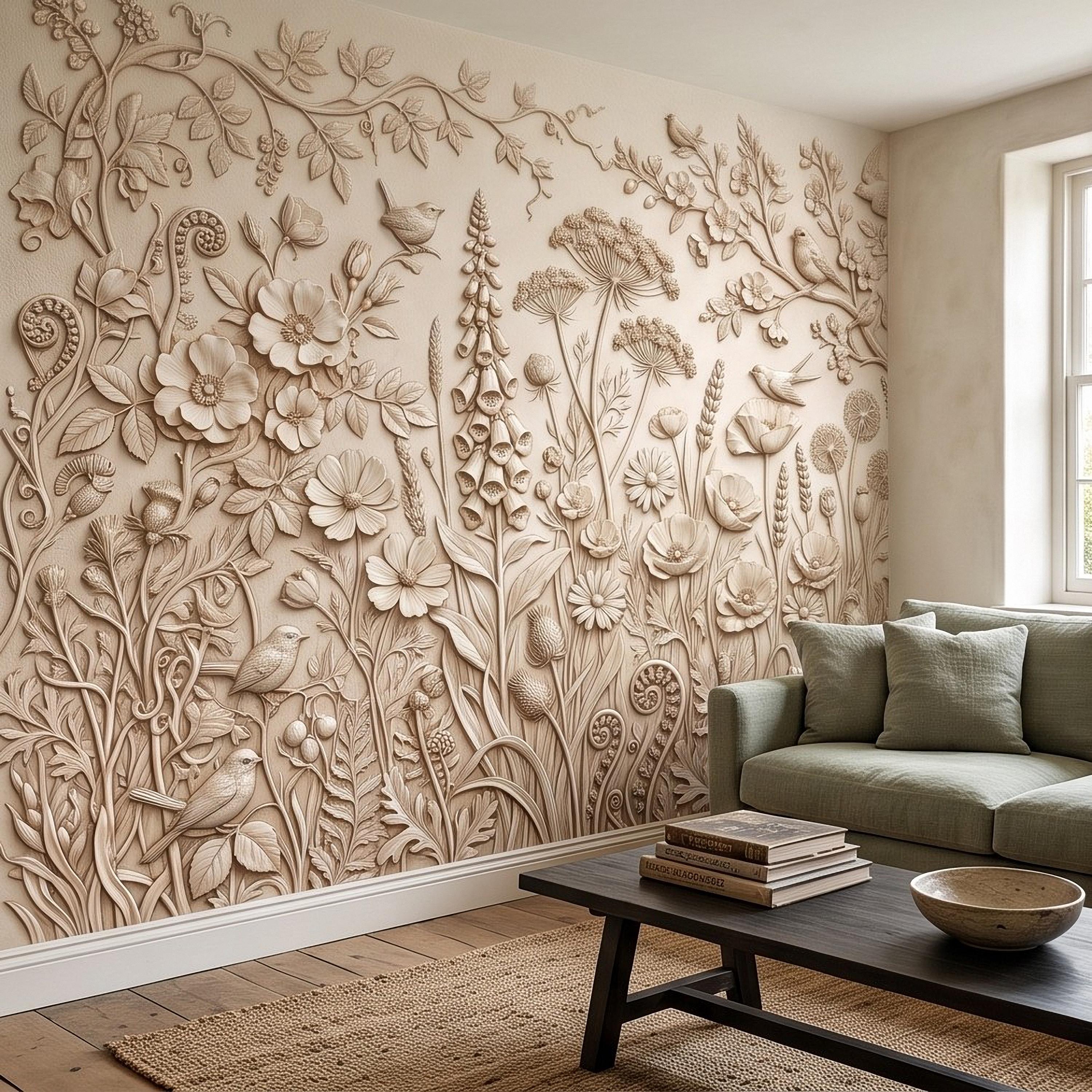 Wildflower Meadow Peel and Stick Wall Mural, Botanical Relief Birds Floral Garden Sculpted Plaster Look Warm Ivory Wallpaper