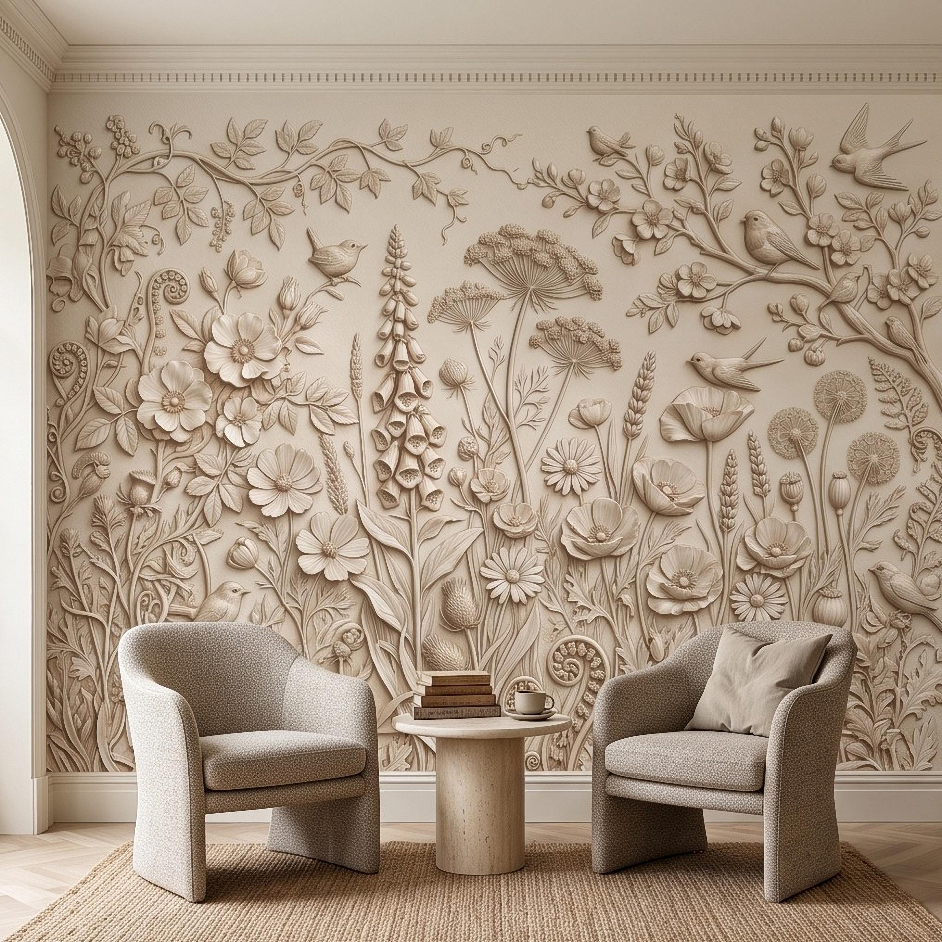 Wildflower Meadow Peel and Stick Wall Mural, Botanical Relief Birds Floral Garden Sculpted Plaster Look Warm Ivory Wallpaper
