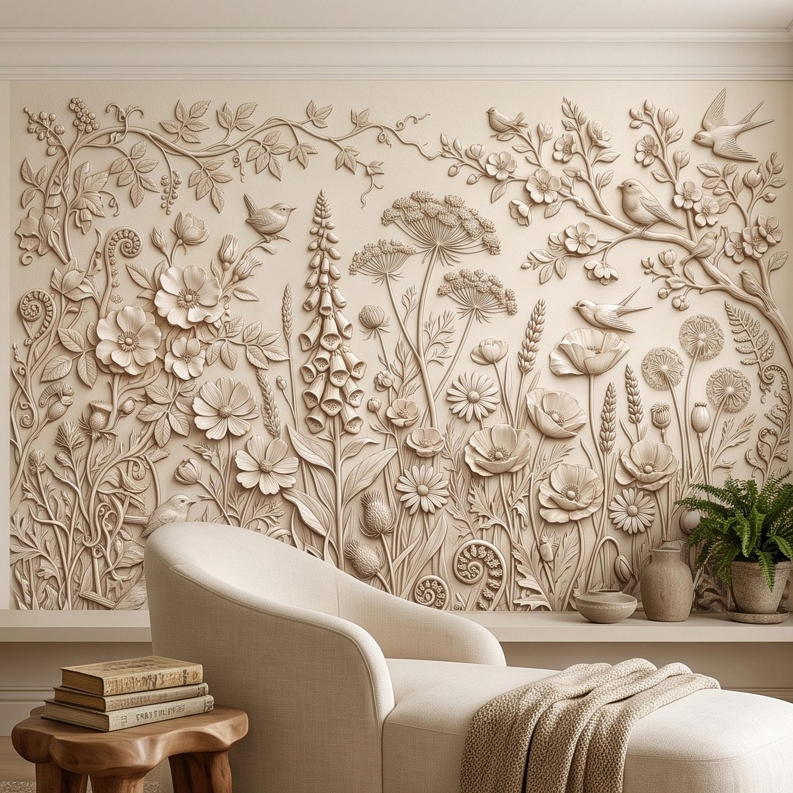 Wildflower Meadow Peel and Stick Wall Mural, Botanical Relief Birds Floral Garden Sculpted Plaster Look Warm Ivory Wallpaper