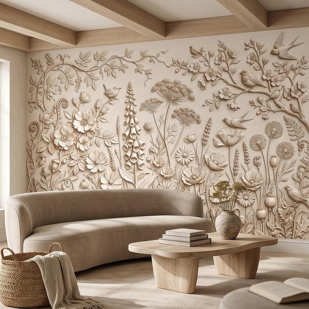 Wildflower Meadow Peel and Stick Wall Mural, Botanical Relief Birds Floral Garden Sculpted Plaster Look Warm Ivory Wallpaper