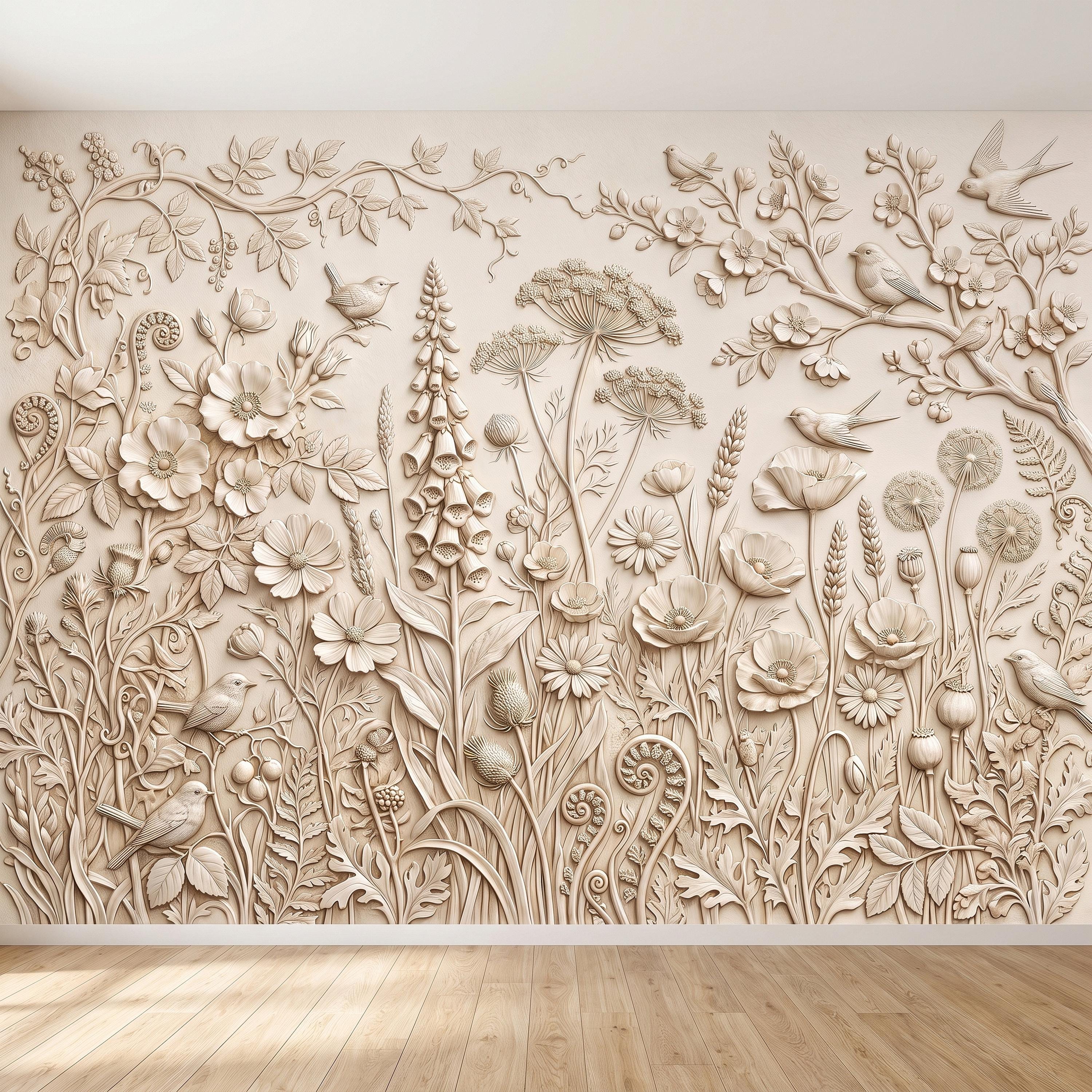 Wildflower Meadow Peel and Stick Wall Mural, Botanical Relief Birds Floral Garden Sculpted Plaster Look Warm Ivory Wallpaper