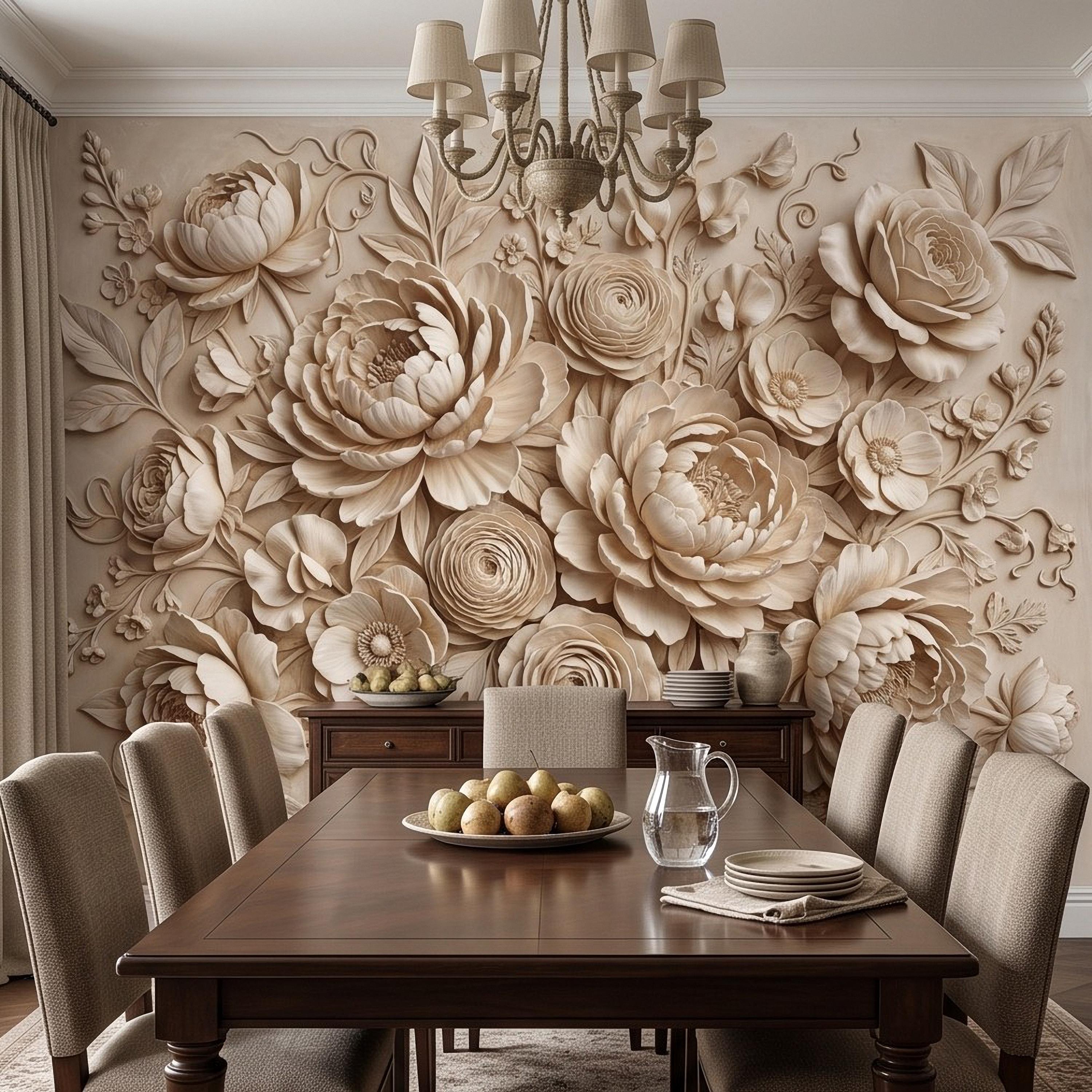 Floral Peel and Stick Wall Mural, Sculpted Peony Rose Botanical Relief Warm Ivory Embossed Plaster Look Luxury Wallpaper