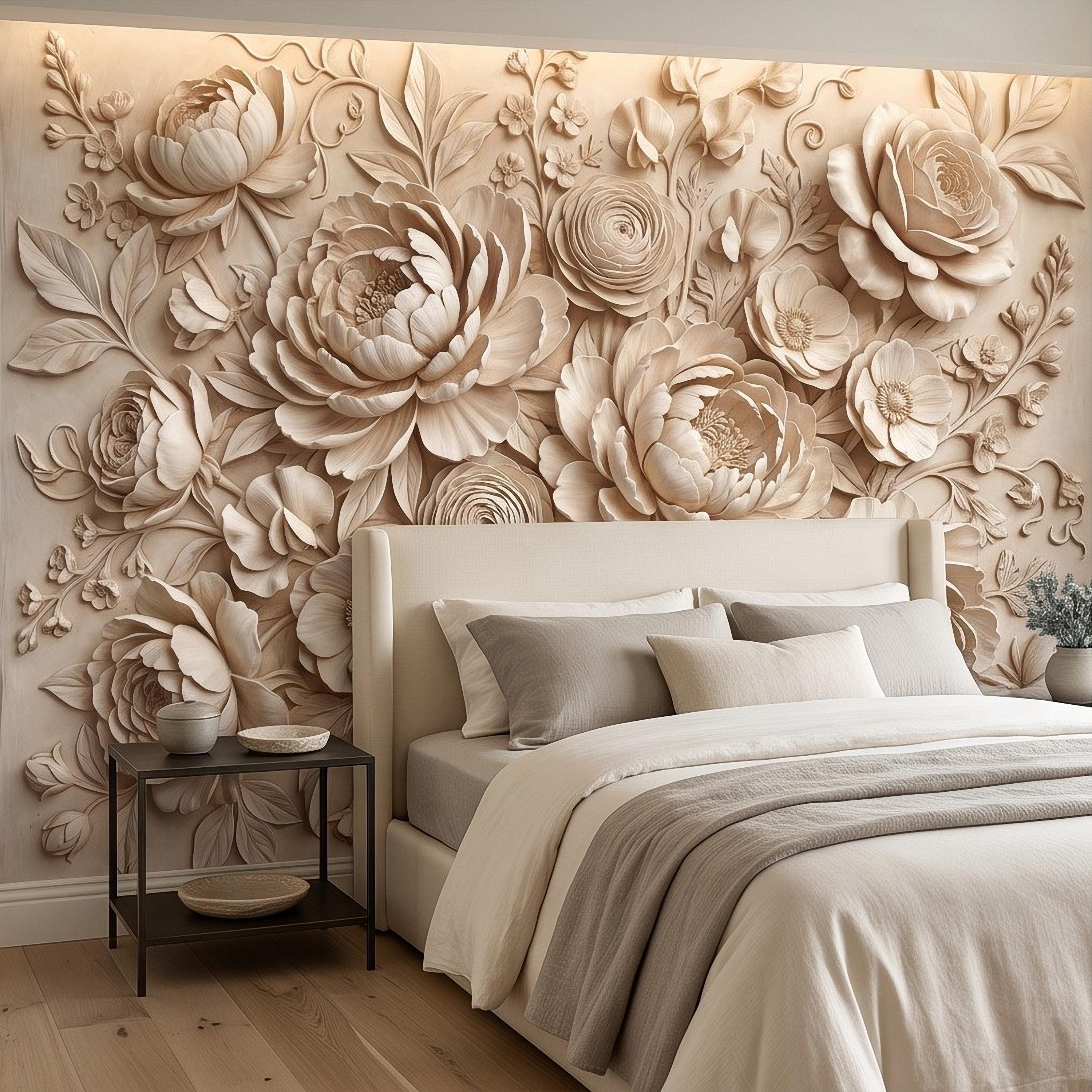 Floral Peel and Stick Wall Mural, Sculpted Peony Rose Botanical Relief Warm Ivory Embossed Plaster Look Luxury Wallpaper