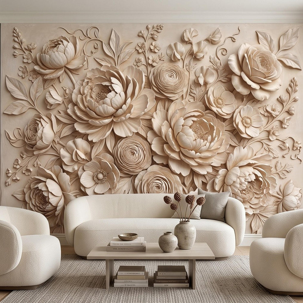 Floral Peel and Stick Wall Mural, Sculpted Peony Rose Botanical Relief Warm Ivory Embossed Plaster Look Luxury Wallpaper