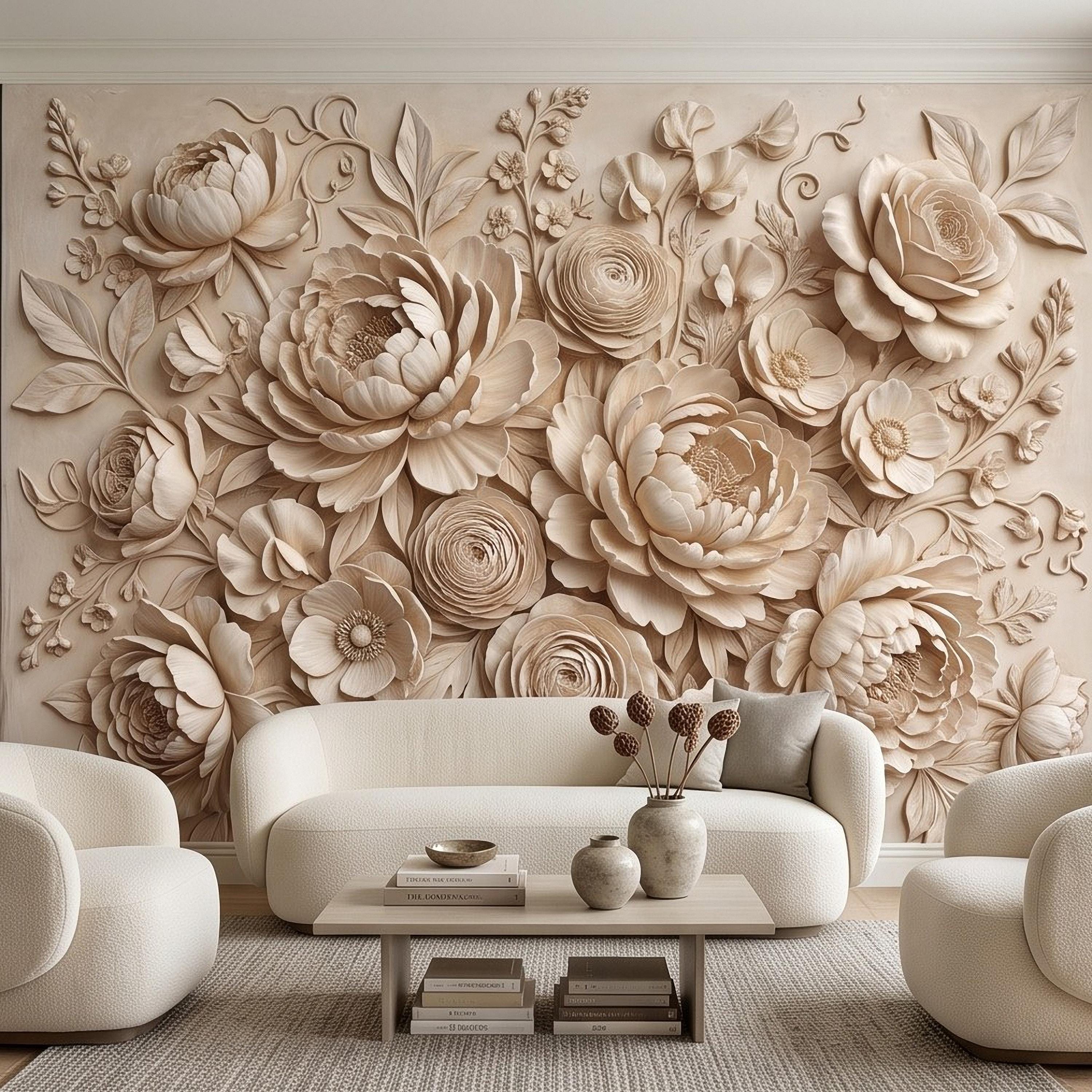 Floral Peel and Stick Wall Mural, Sculpted Peony Rose Botanical Relief Warm Ivory Embossed Plaster Look Luxury Wallpaper