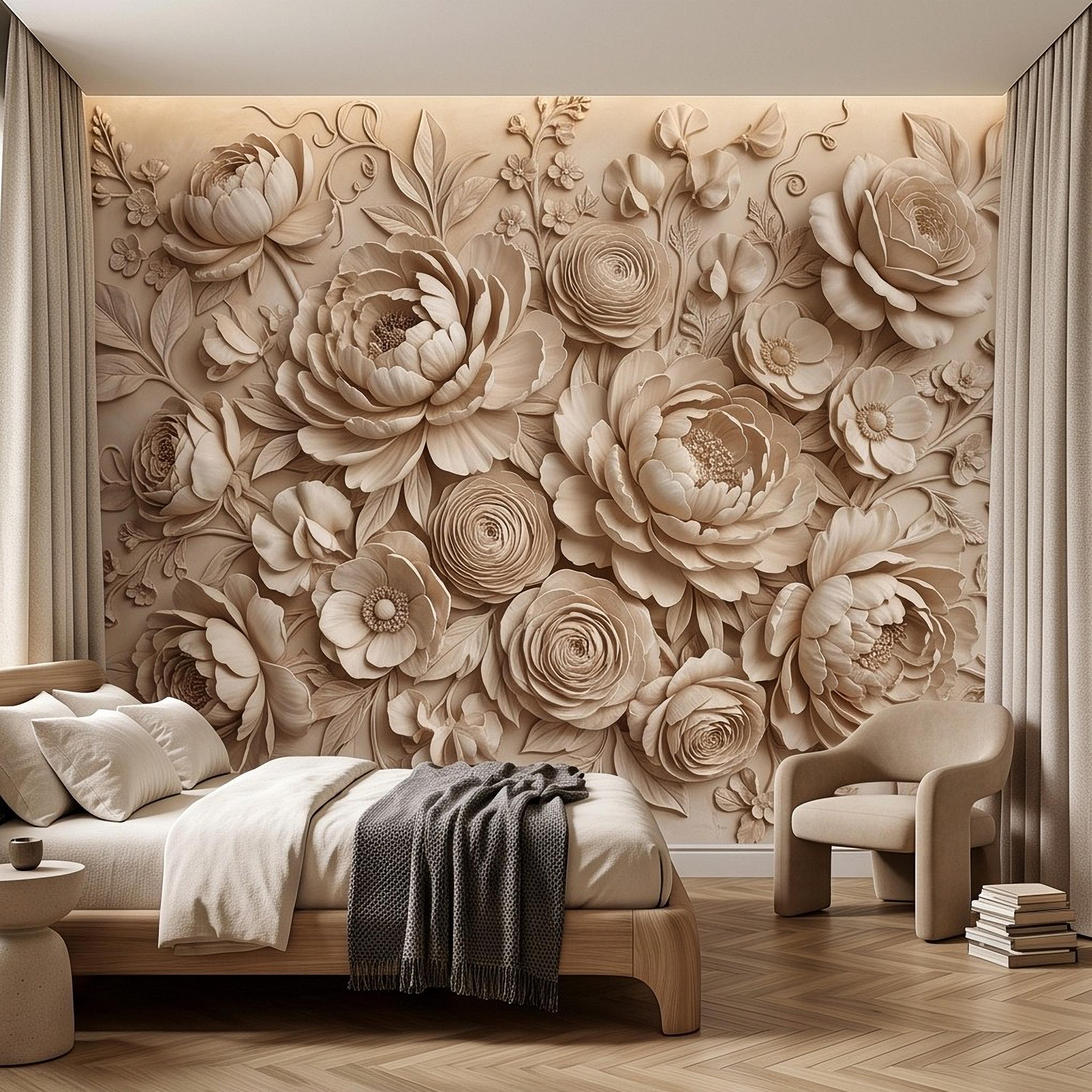 Floral Peel and Stick Wall Mural, Sculpted Peony Rose Botanical Relief Warm Ivory Embossed Plaster Look Luxury Wallpaper