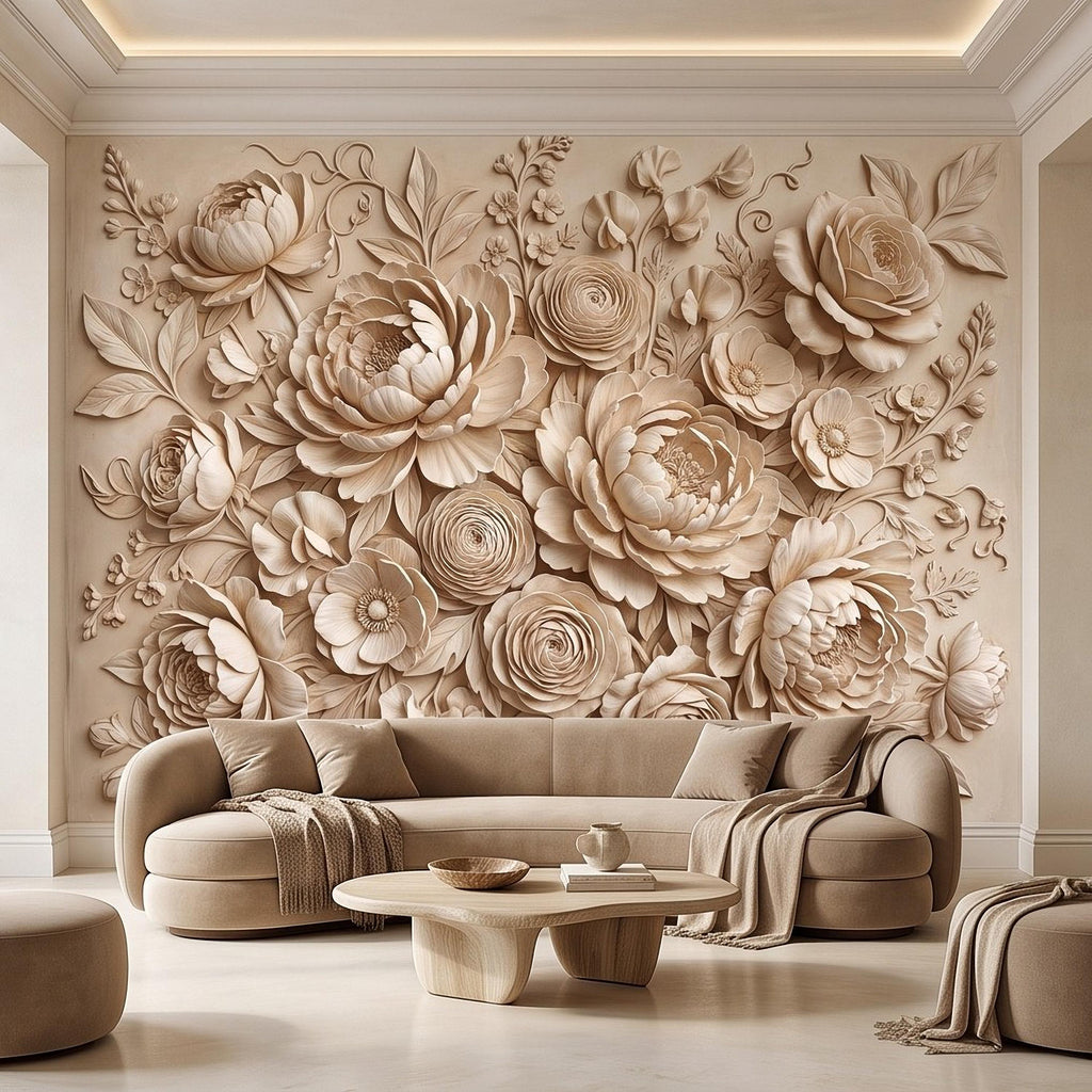 Floral Peel and Stick Wall Mural, Sculpted Peony Rose Botanical Relief Warm Ivory Embossed Plaster Look Luxury Wallpaper