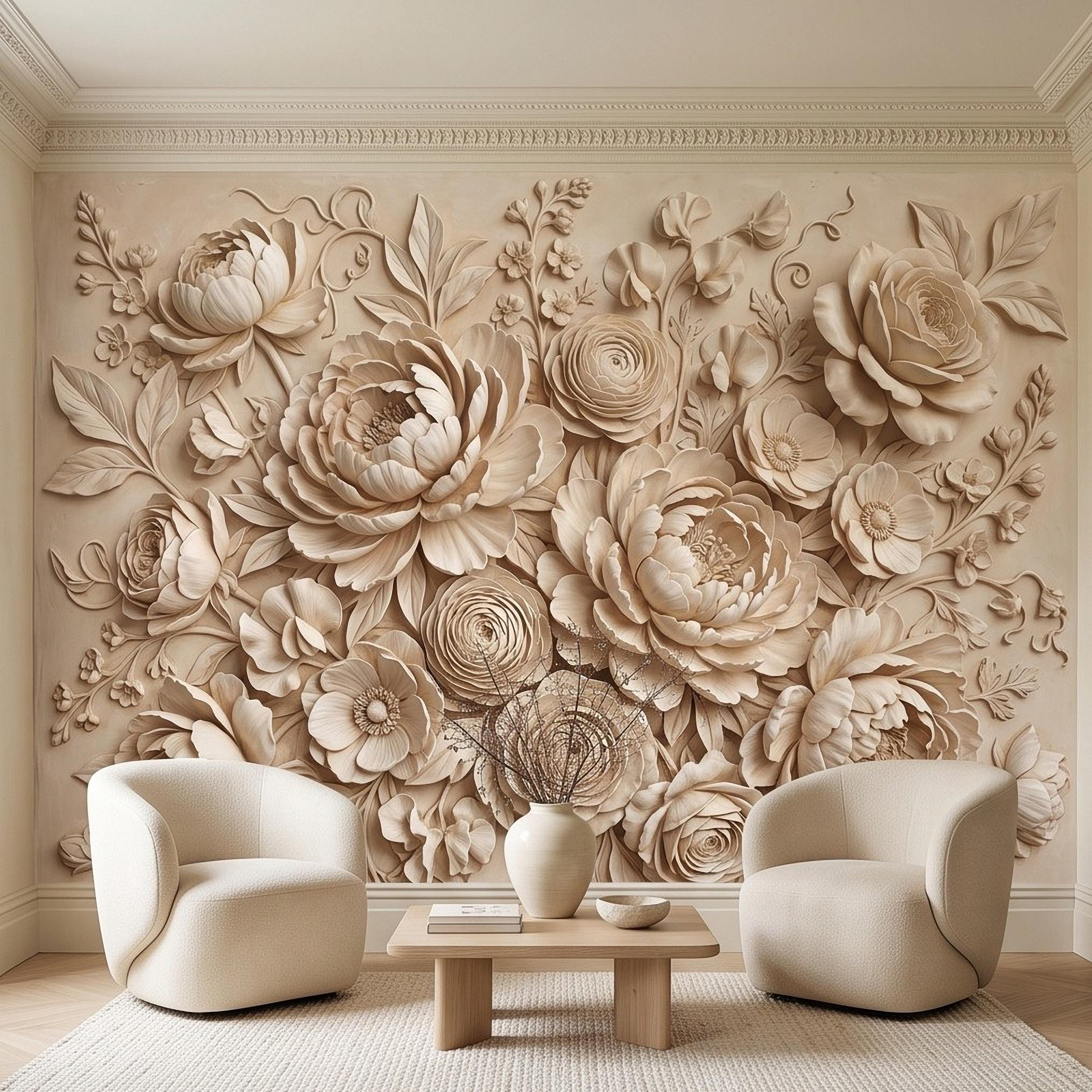 Floral Peel and Stick Wall Mural, Sculpted Peony Rose Botanical Relief Warm Ivory Embossed Plaster Look Luxury Wallpaper