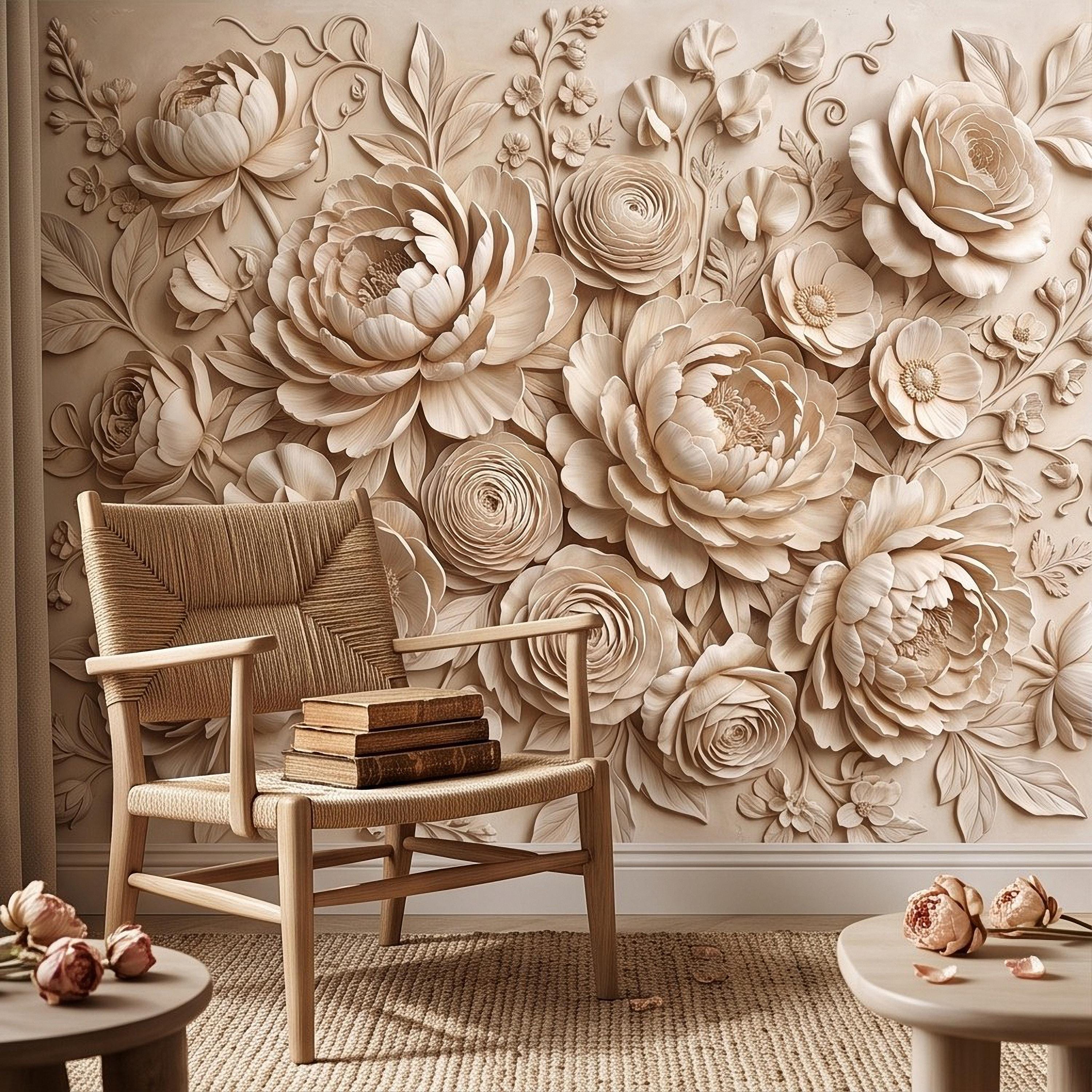 Floral Peel and Stick Wall Mural, Sculpted Peony Rose Botanical Relief Warm Ivory Embossed Plaster Look Luxury Wallpaper